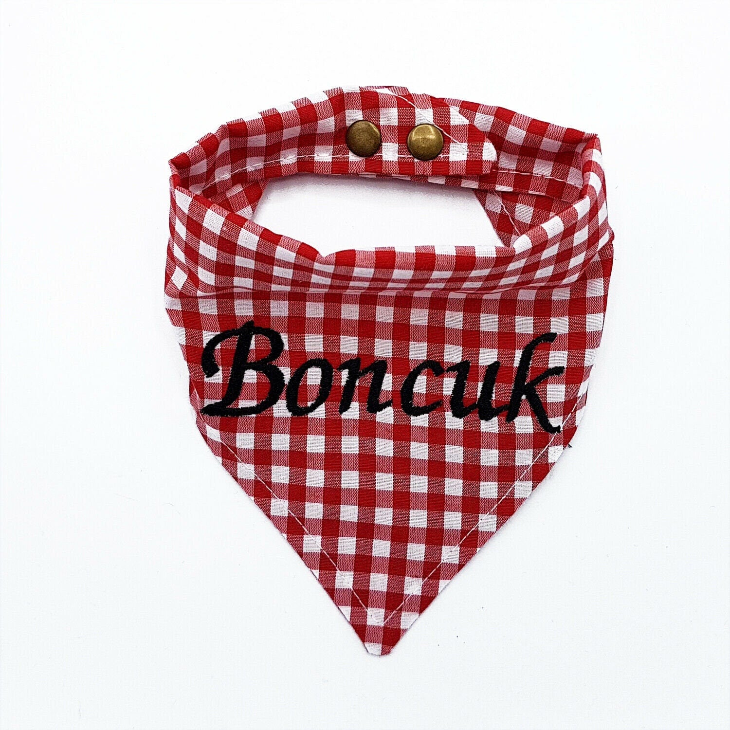 Personalised red and white plaid embroidered dog bandana with name Boncuk, custom cotton pet accessory.