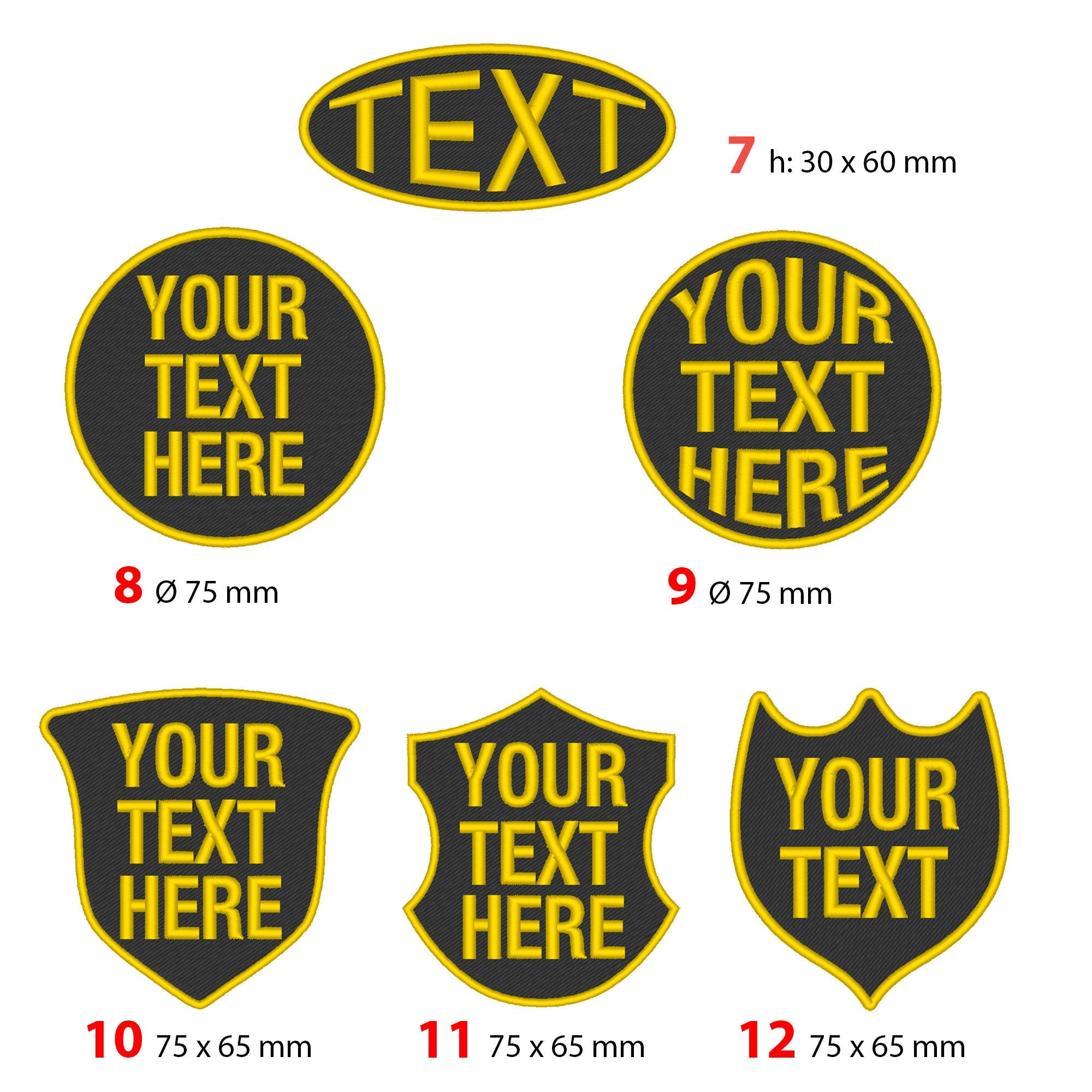 Personalized embroidered patches in various shapes and sizes for custom text, perfect for jackets and bags.