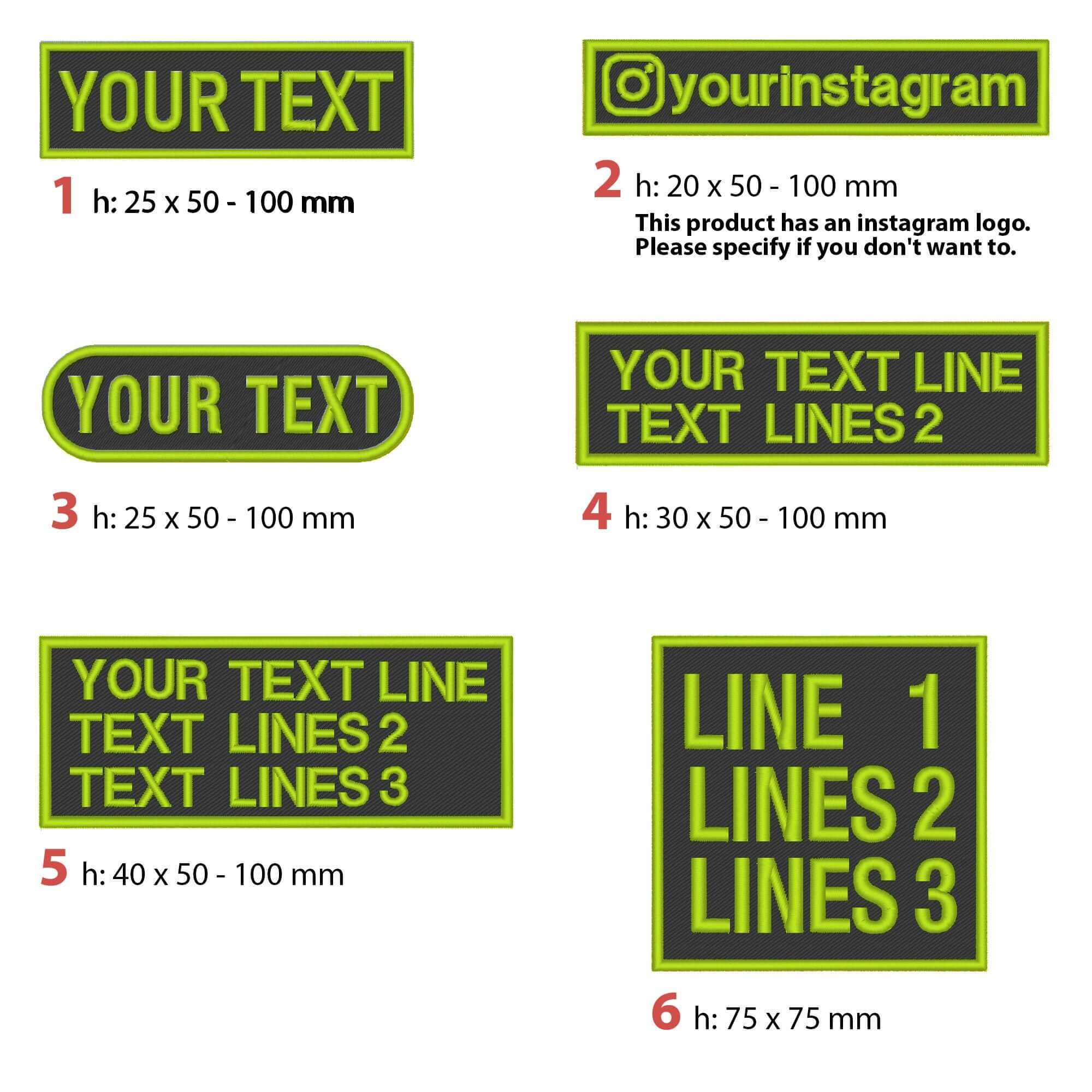 Various customizable embroidered patch designs featuring personalized text options in different sizes and shapes.