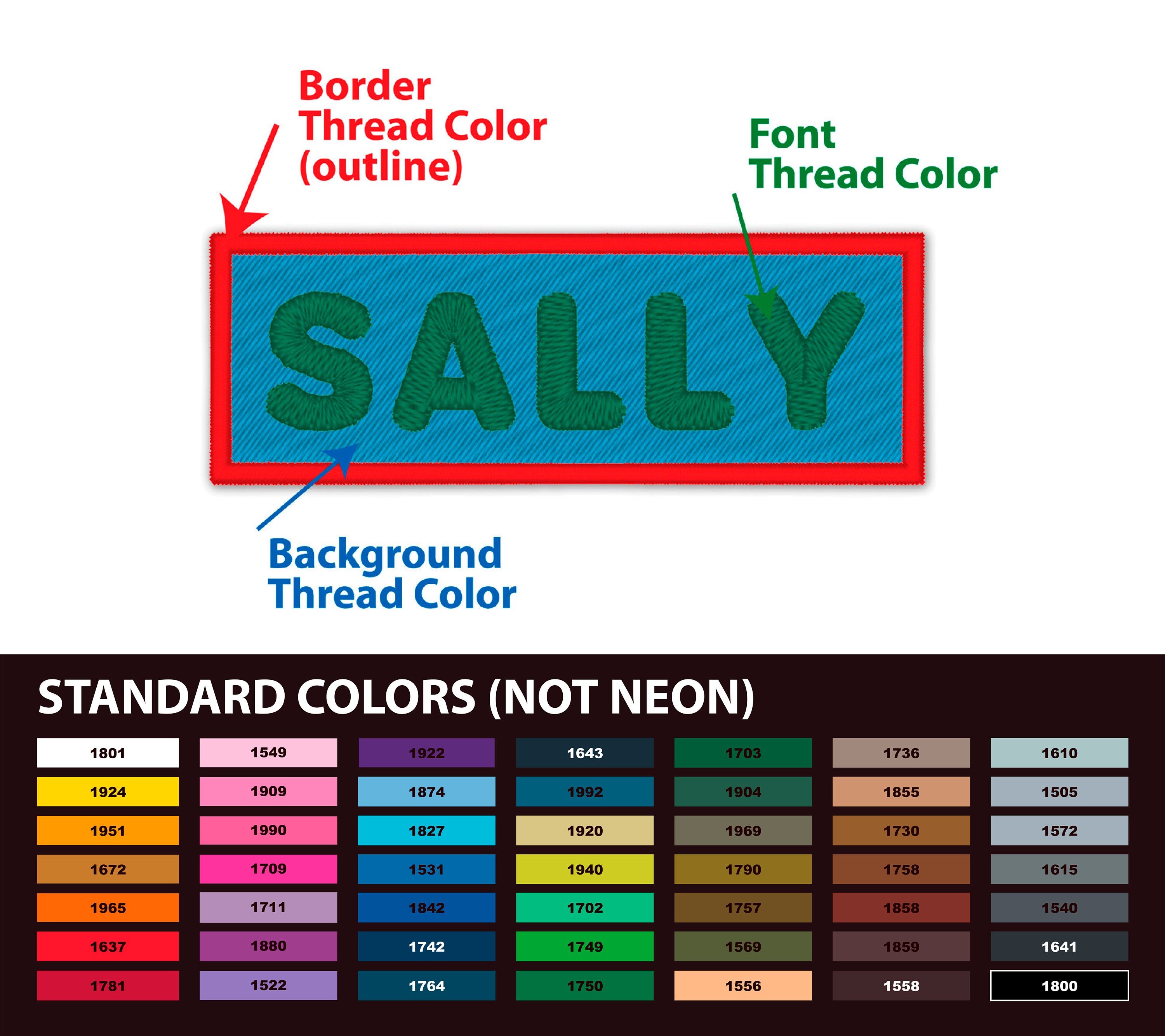 Personalized embroidered patch design showing options for thread colors, including border, font, and background colors for the name 'SALLY'.
