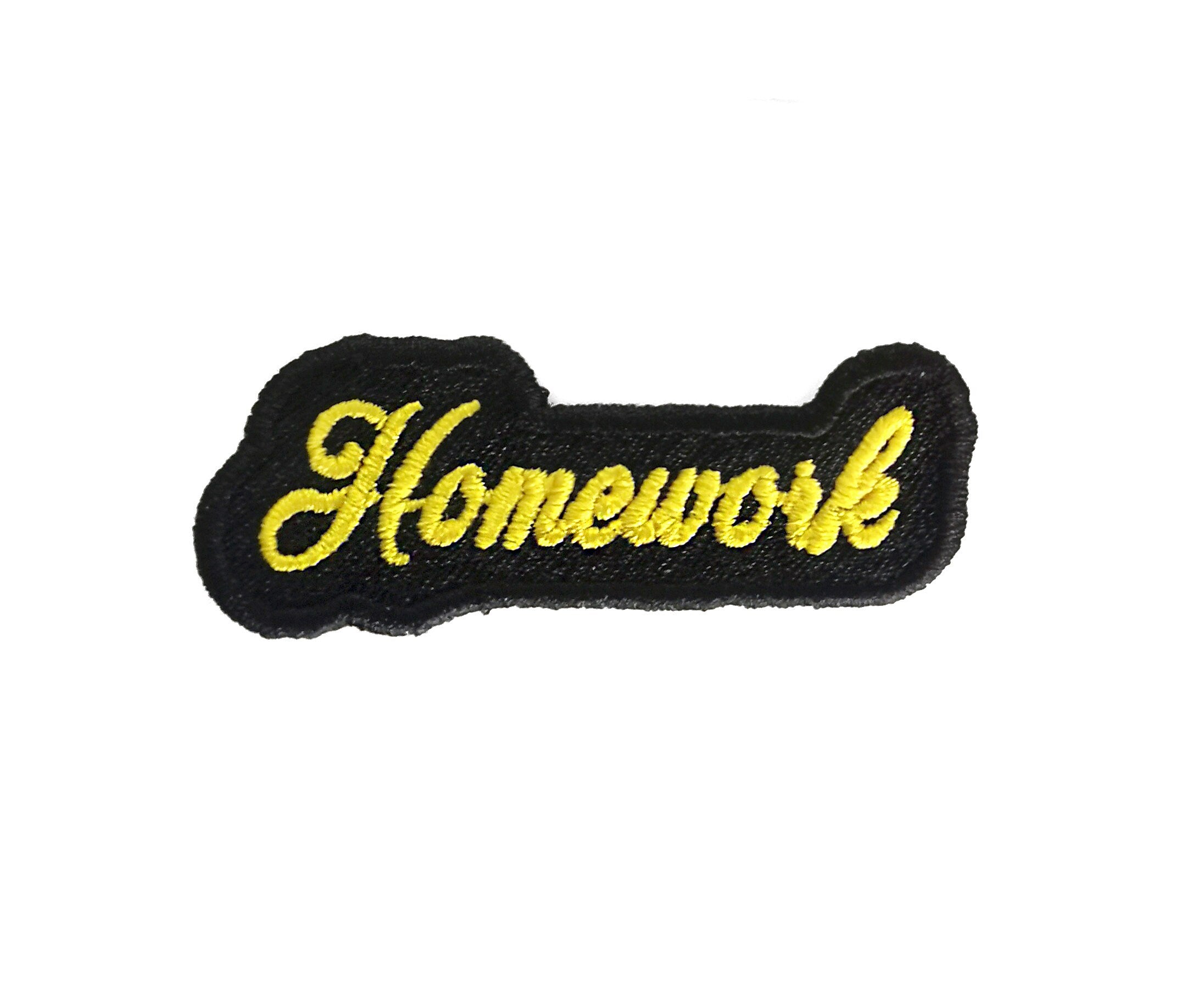 Personalized embroidered patch with the word 'Homework' in yellow text on a black background.