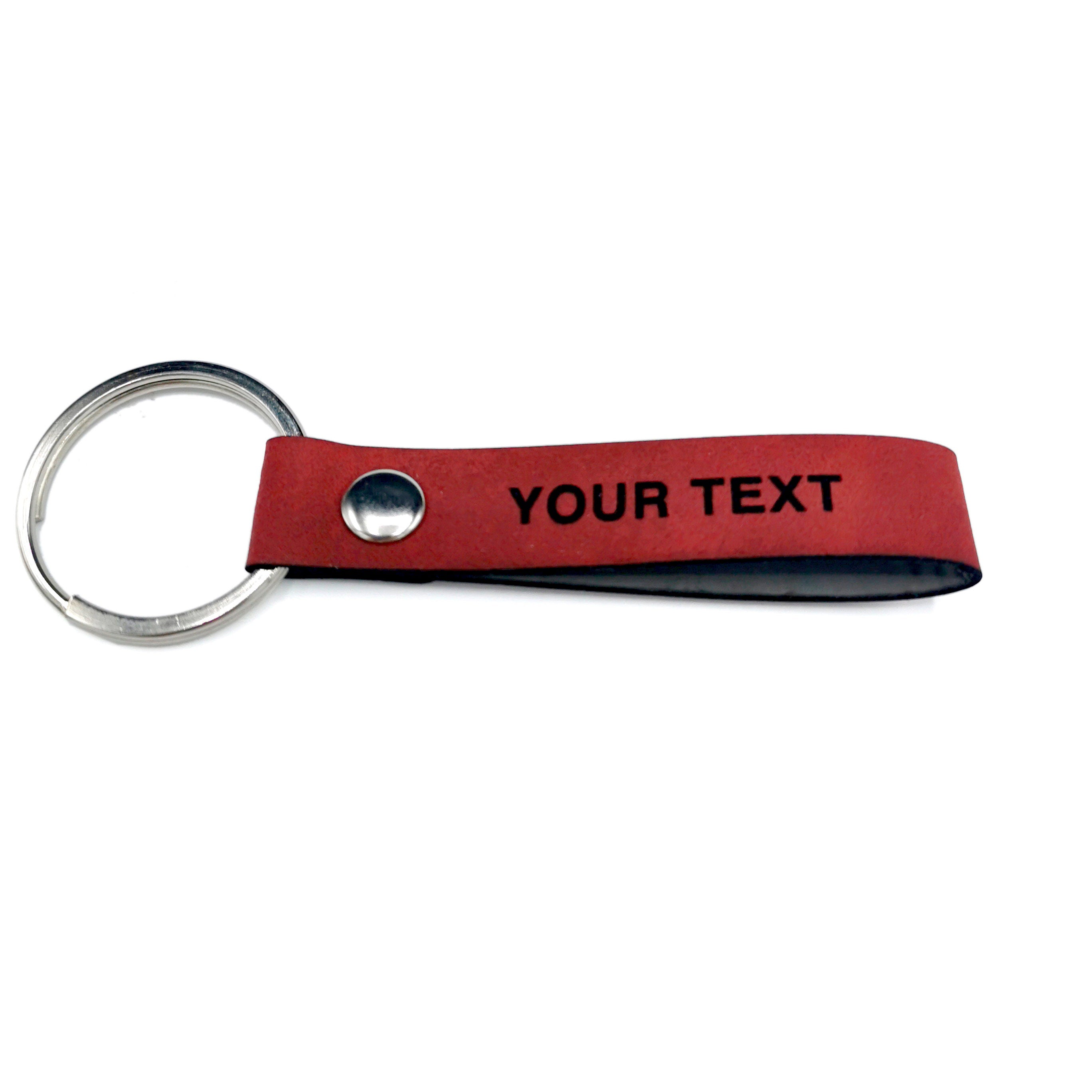 Custom leather keyring with personalized text, red PU leather, double-sided design.