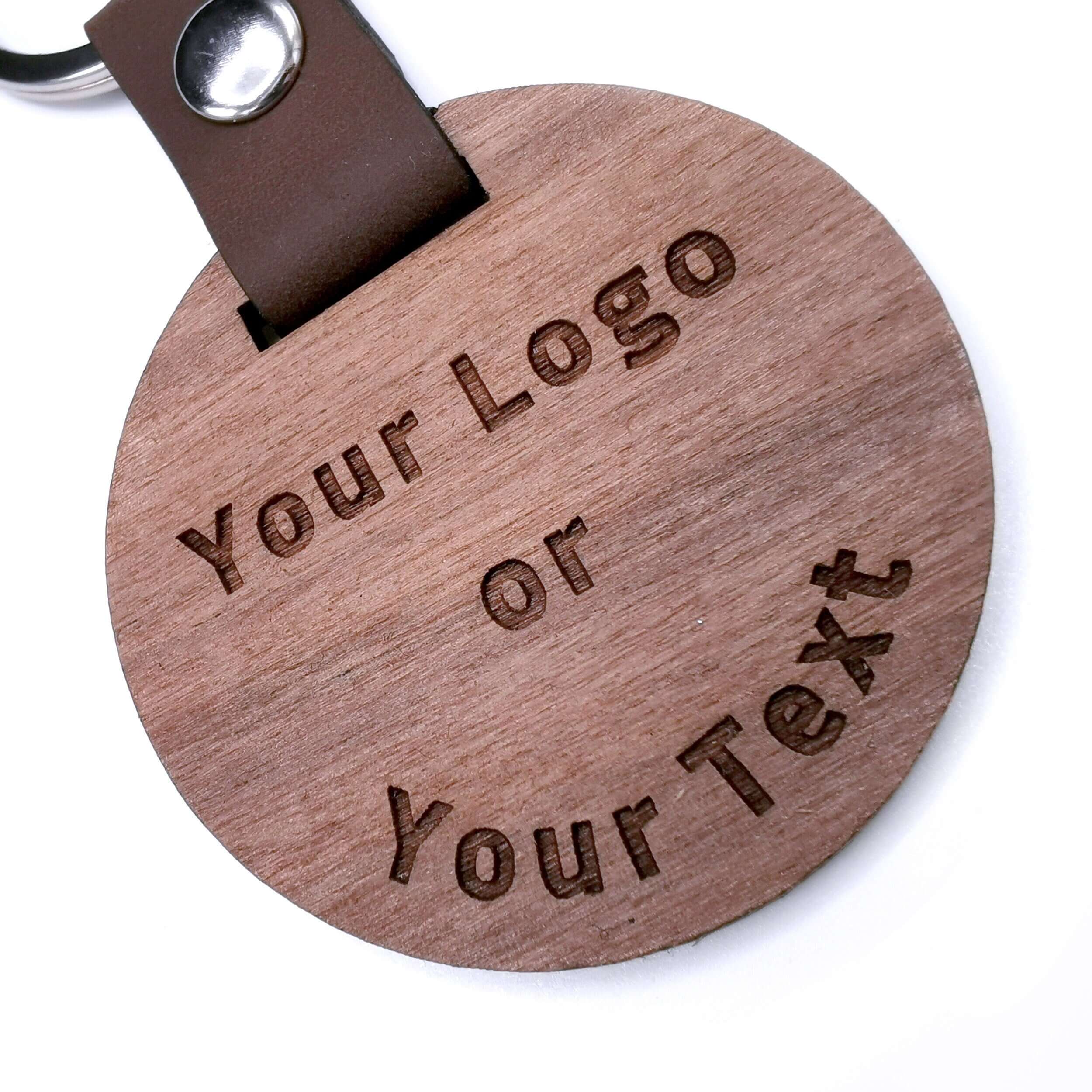 Custom walnut wood keyring featuring personalized engraving option for logo or text.