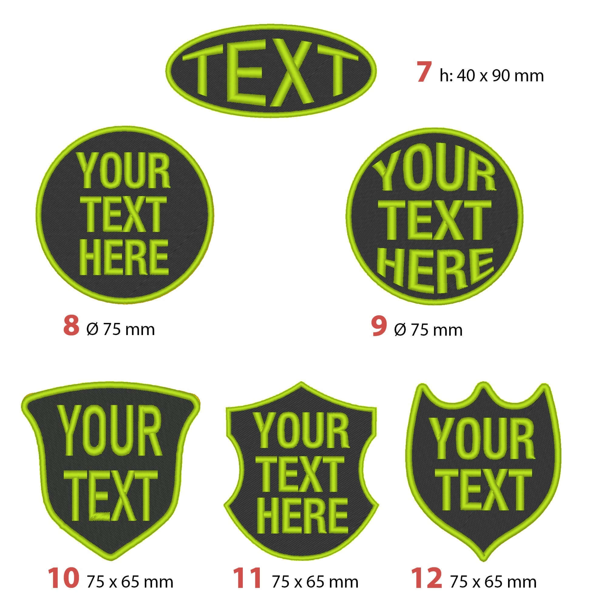 Custom embroidered patches in various shapes and sizes for personalizing biker and scooter gear.