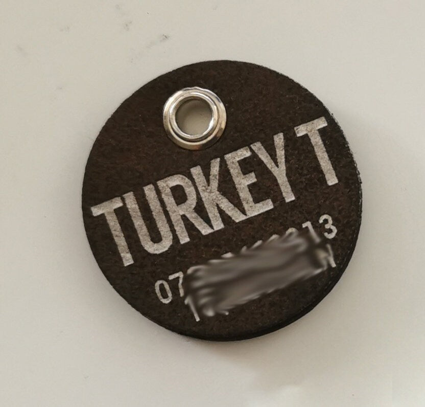 Custom brown leather dog name tag with engraved text 'TURKEY T' and a metal grommet.