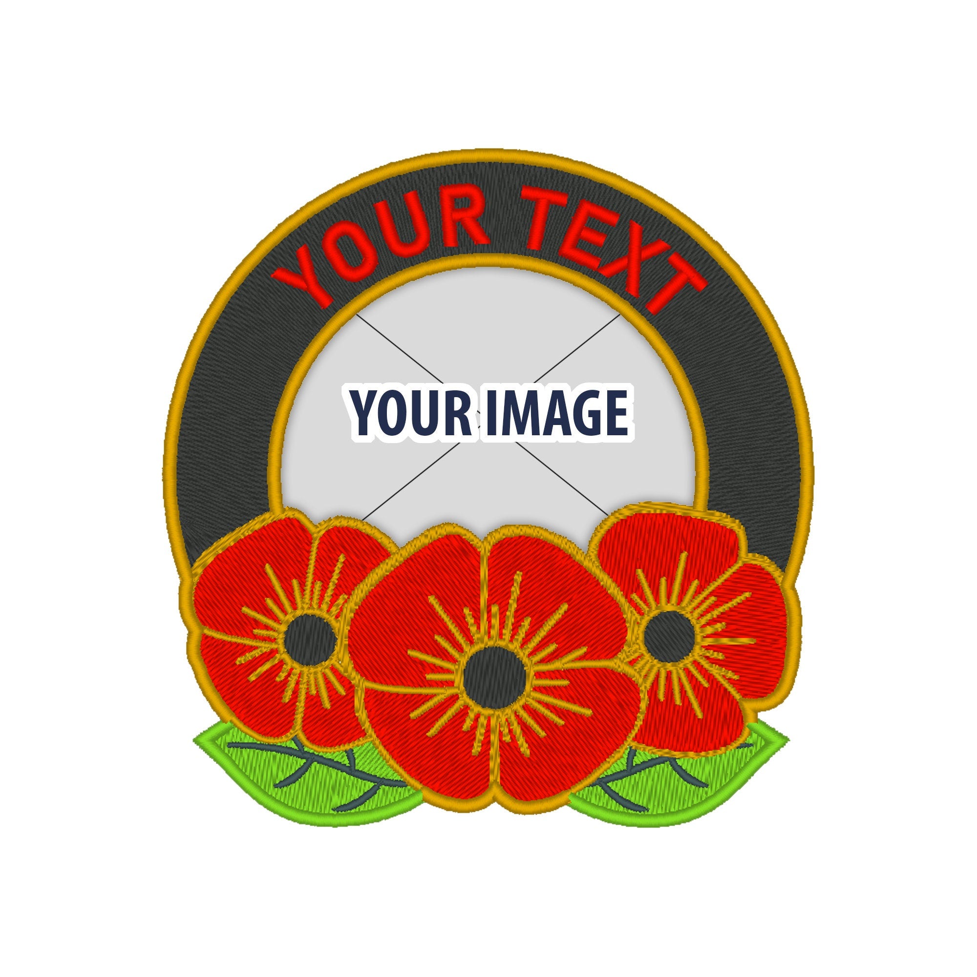 Custom embroidered patch with flowers, space for text and image, vibrant colors for personalization.