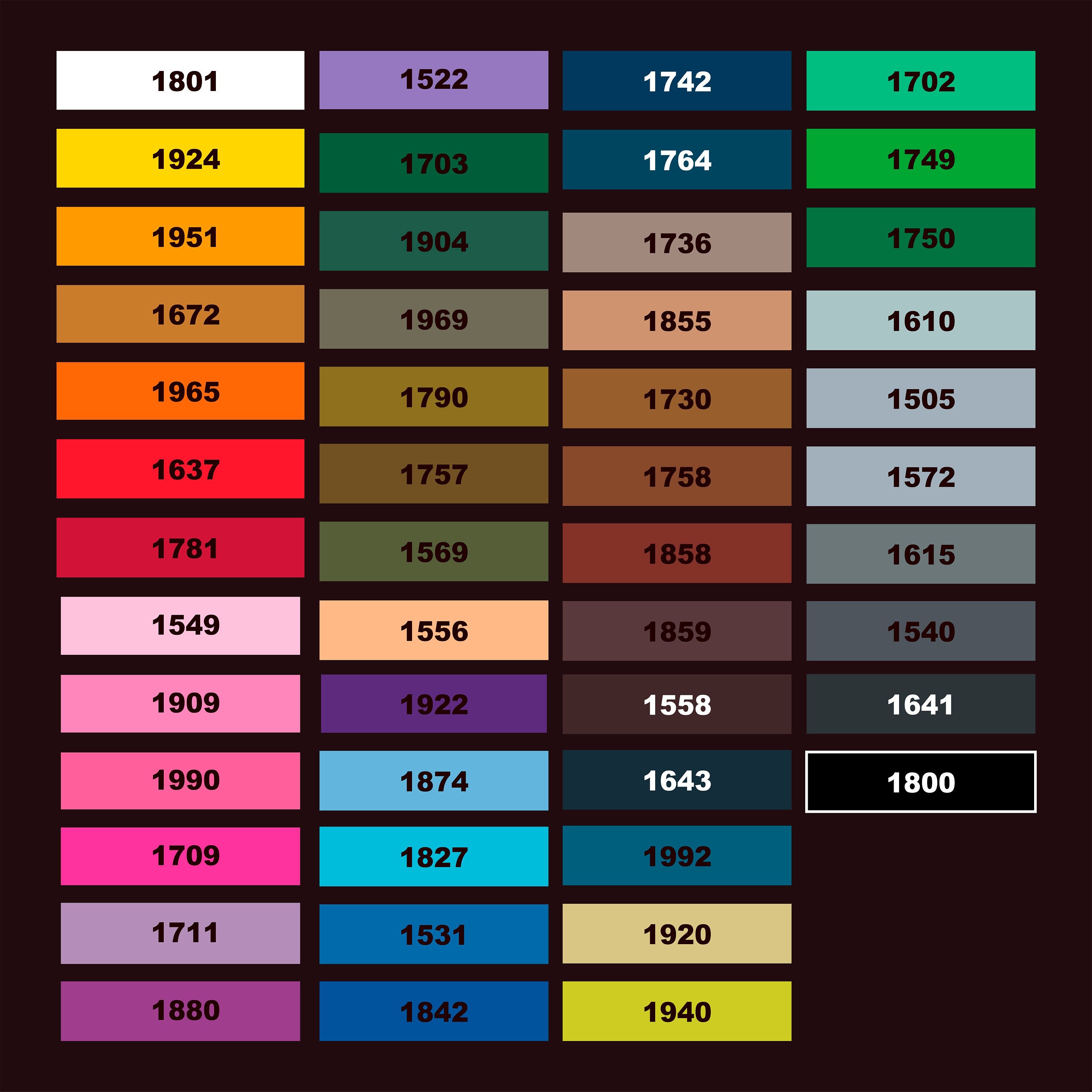 Color palette featuring various shades and their corresponding codes for name patches and embroidery.