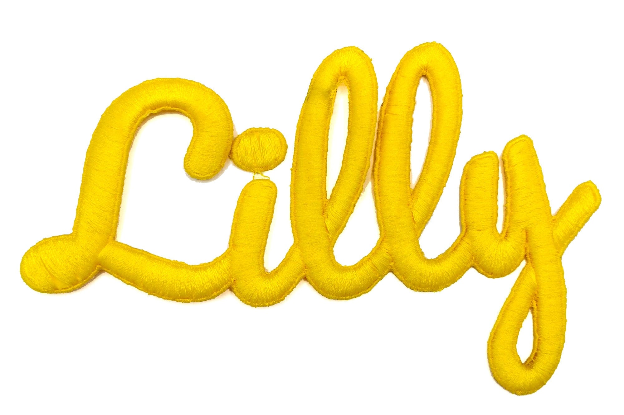 Personalized yellow 3D name patch featuring the name 'Lilly' in embroidered font.
