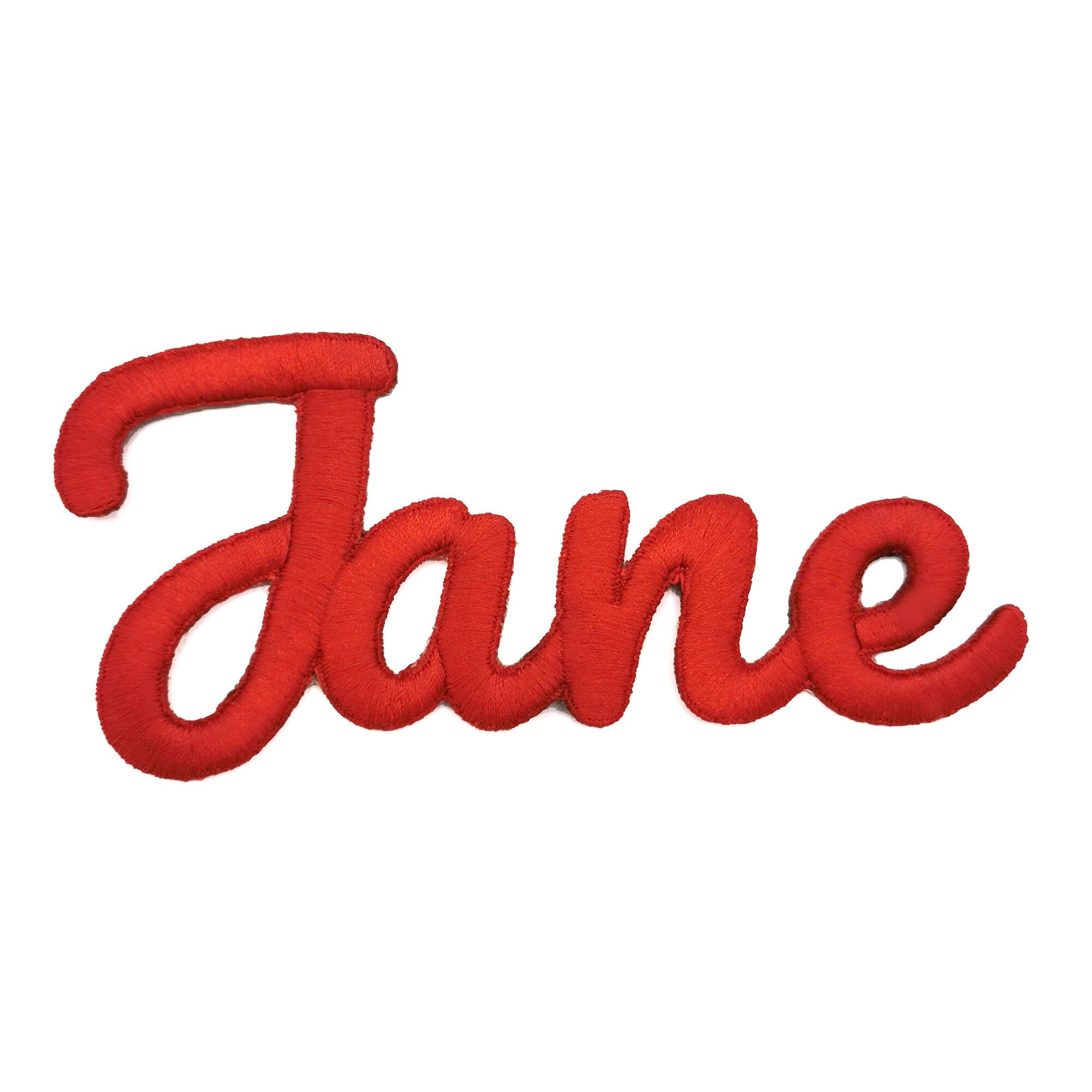 Embroidered red name patch with the name 'Jane' in cursive font, perfect for personalizing garments.