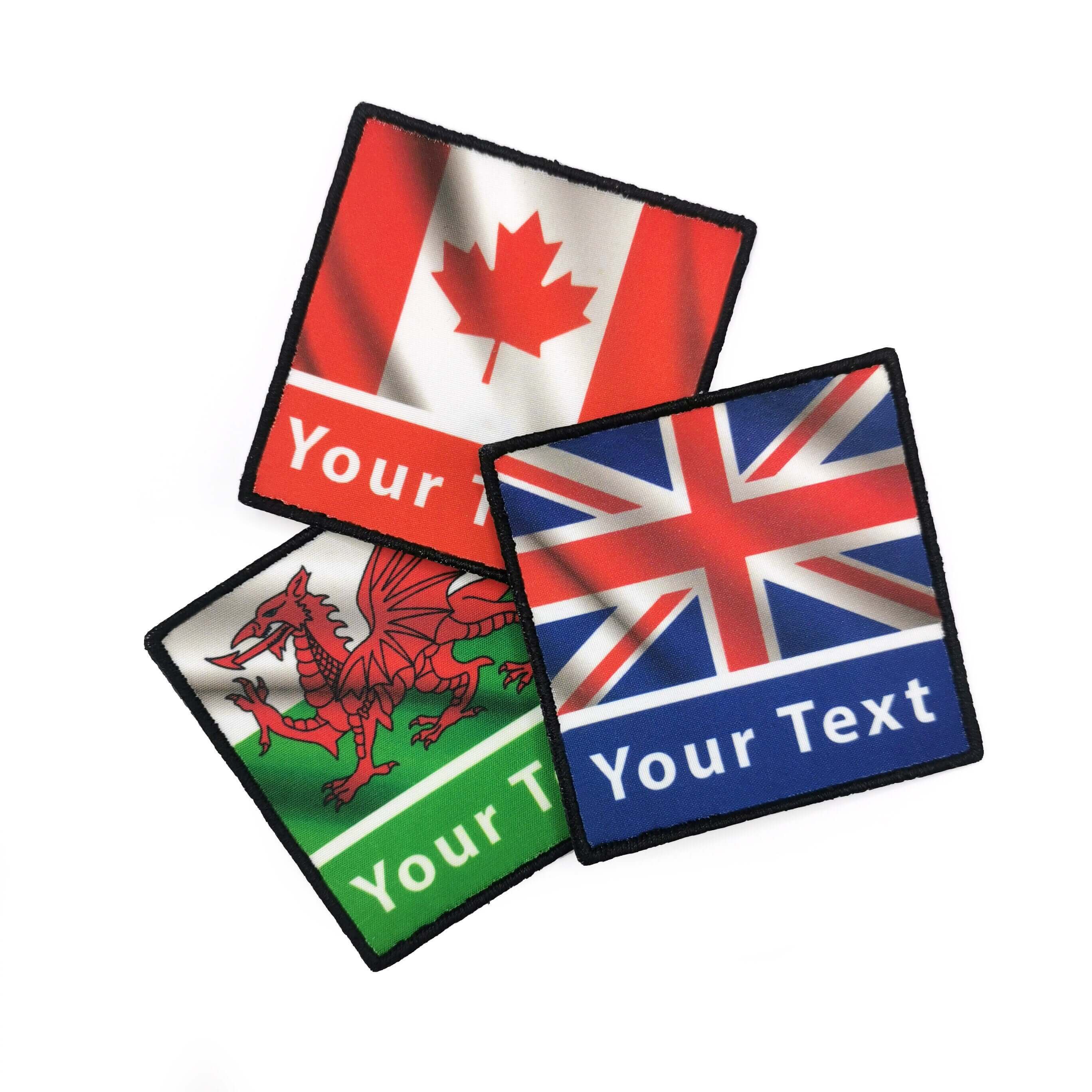 Personalised Wavy Flag Patches featuring Canada, Wales, and UK designs, customizable for unique expressions.