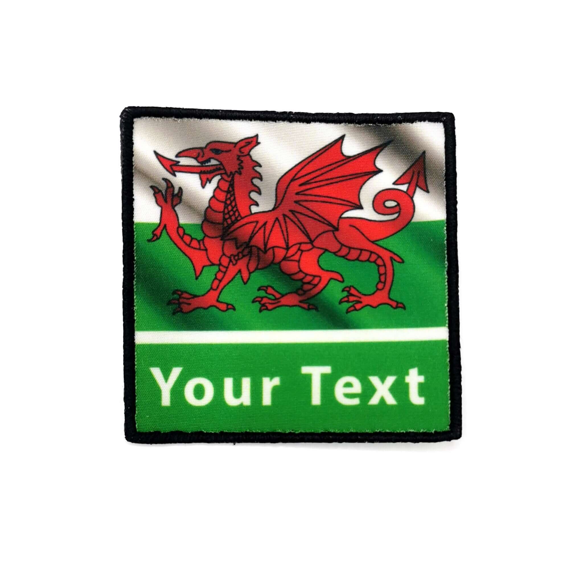 Personalised Wavy Flag Patch featuring a red dragon design with customizable text area for country pride.