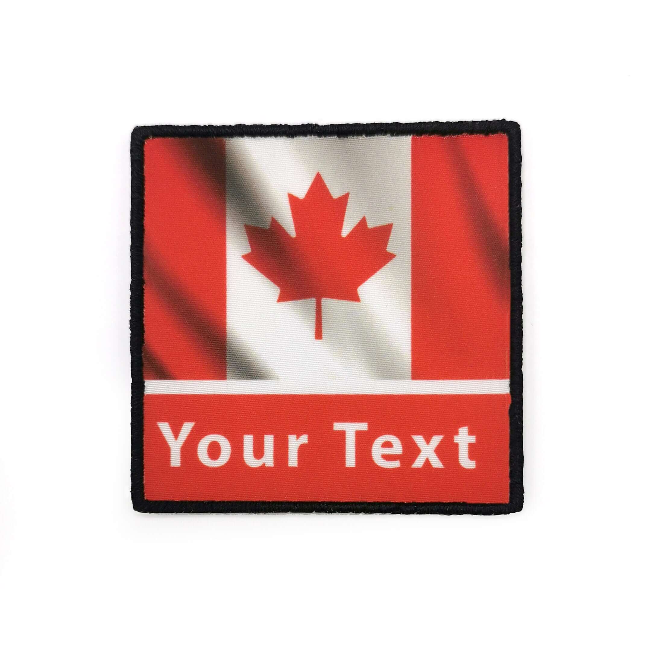 Personalised Canada flag patch with customizable text, ideal for sewing or ironing on clothing.
