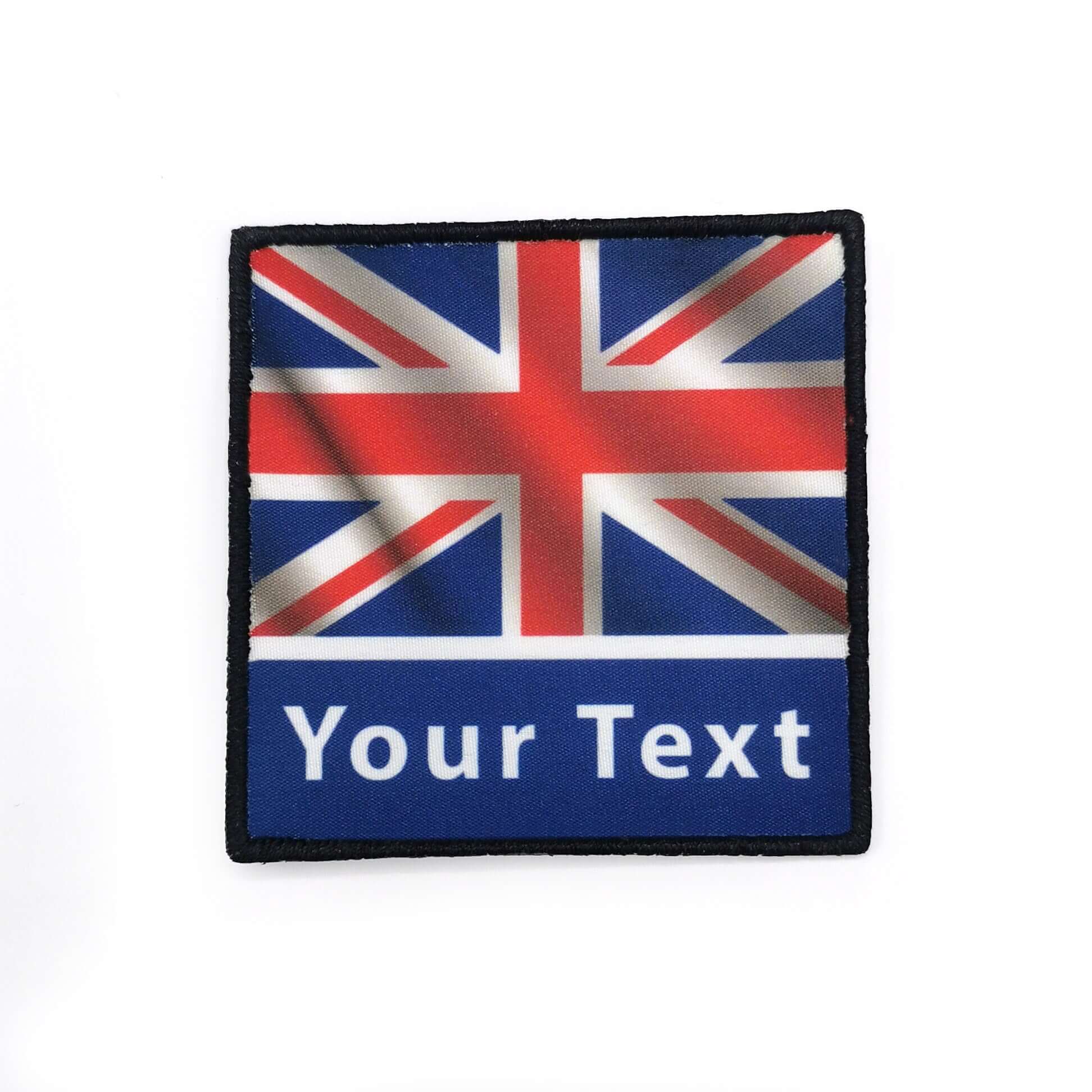 Personalized wavy flag patch with British flag design and custom text option for clothing or accessories.