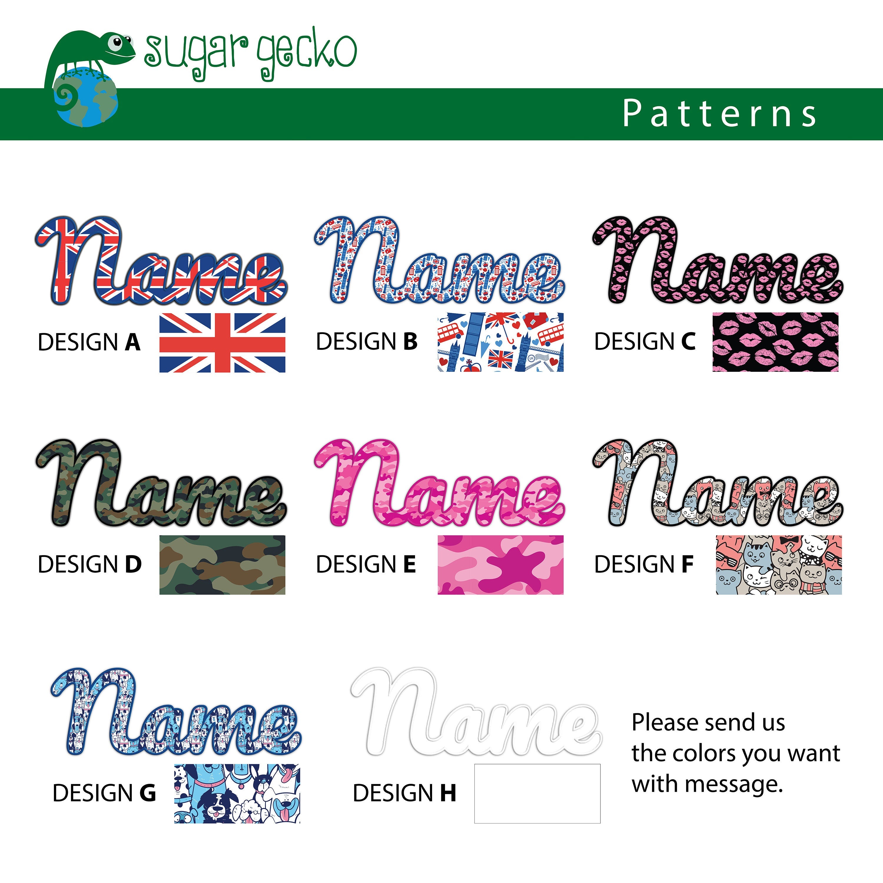 Eight custom name patch designs showcasing various patterns including Union Jack and camouflage styles.