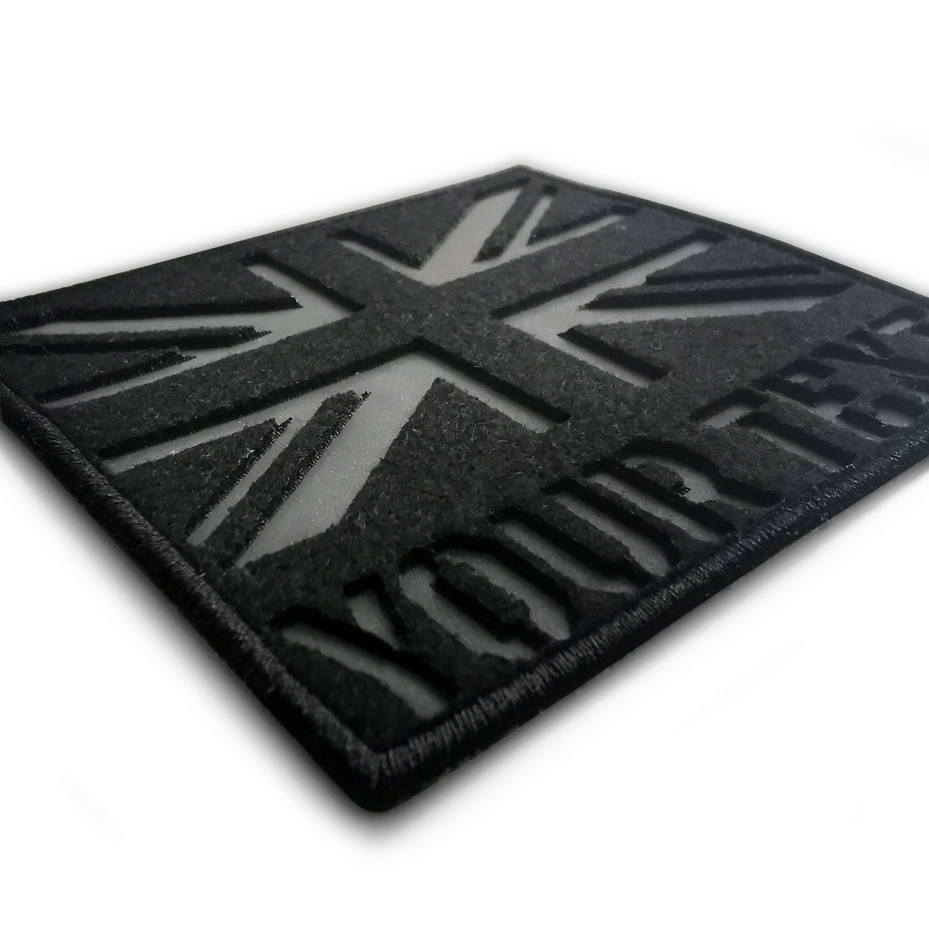 Custom UK reflective flag patch with personalized text, designed for military and tactical use, measuring 9x7.3 cm.
