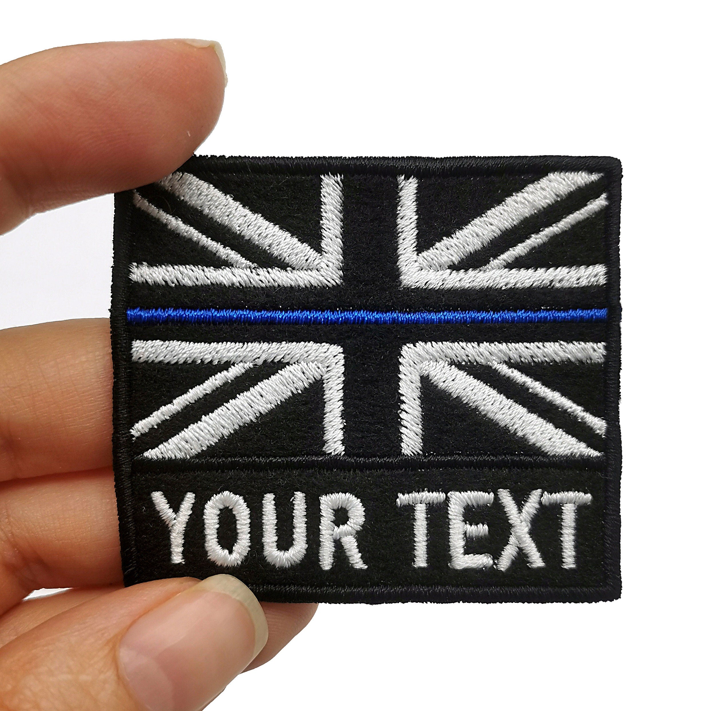 Custom name British flag patch, black and white Union Jack with personalized text, embroidered tactical appliques.