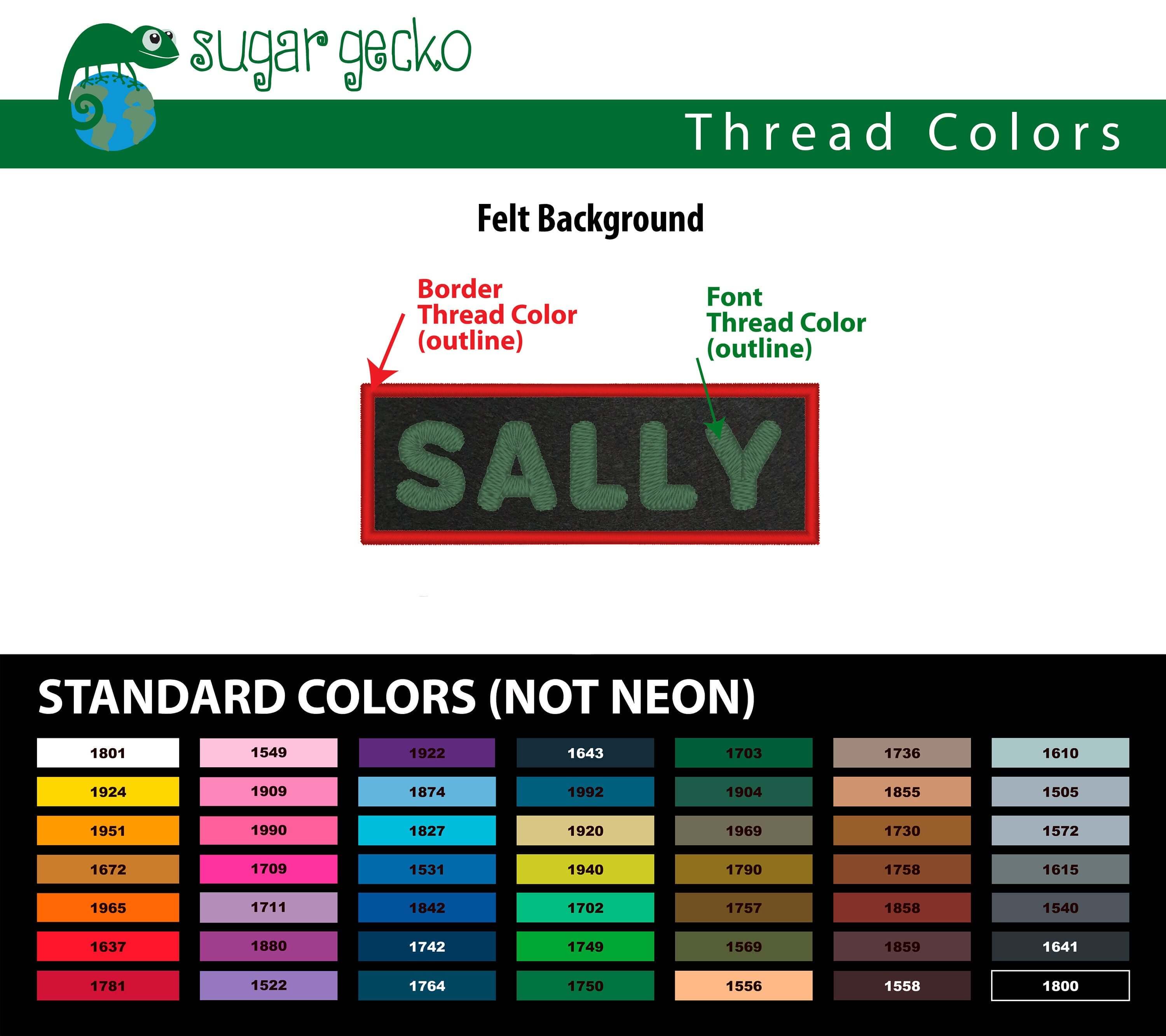 Color chart showing thread options for custom embroidered patches on a felt background, featuring the name 'SALLY'.