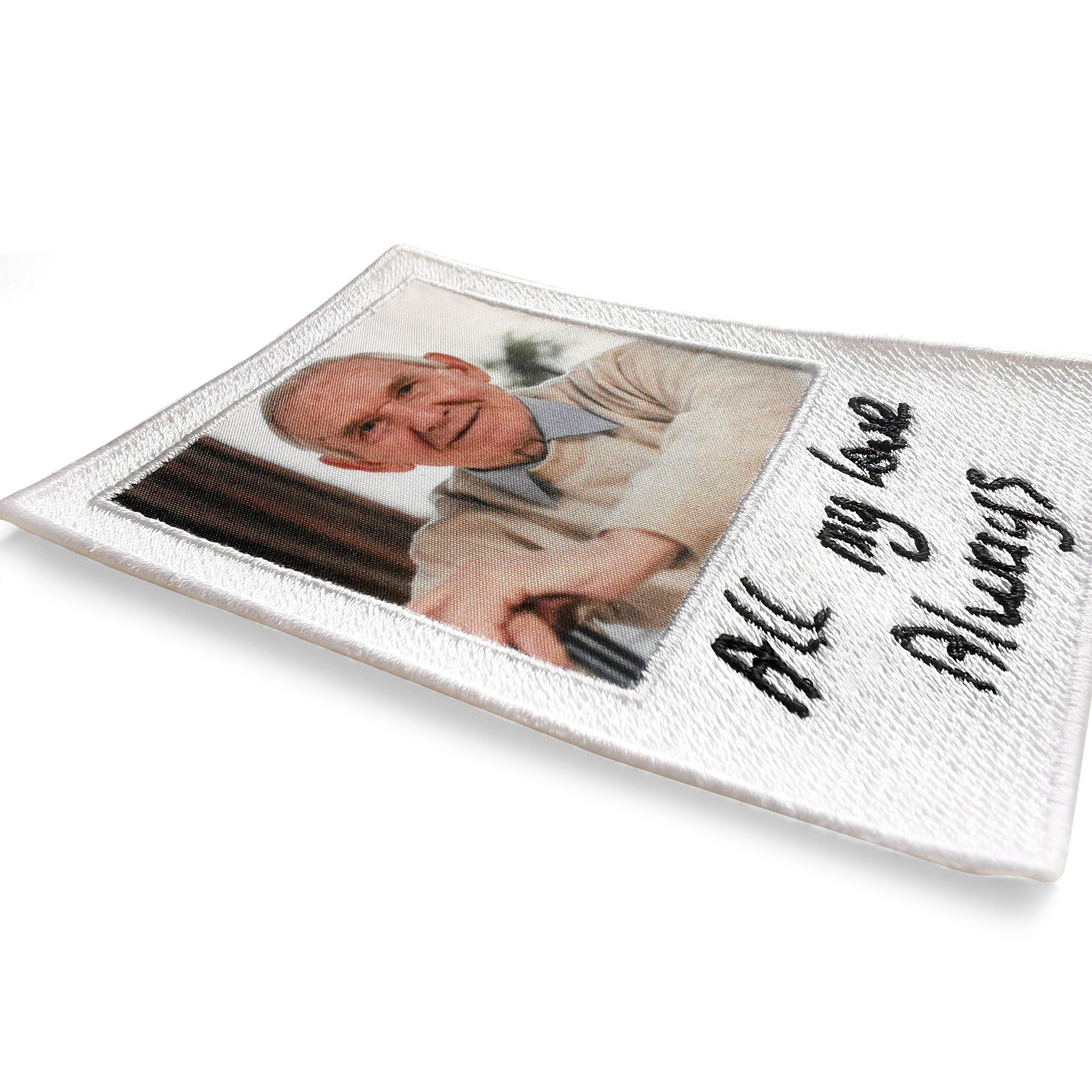 Handwritten embroidered patch featuring a beloved person's photo and heartfelt message, perfect memorial gift.