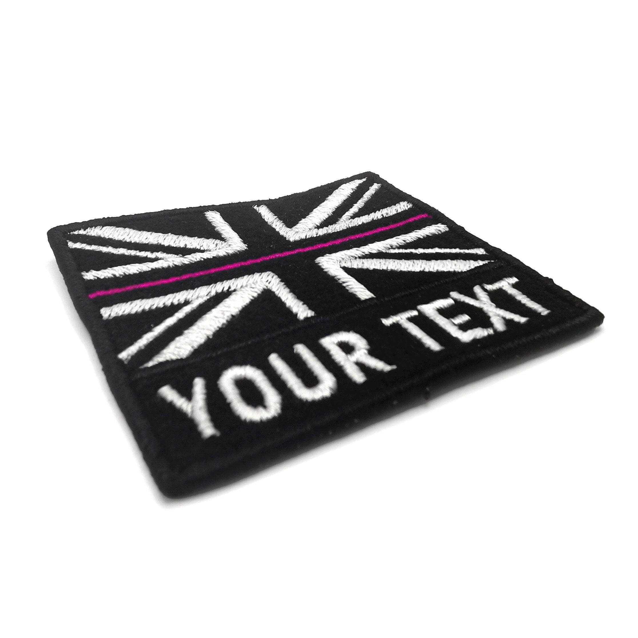 Custom black and white British flag patch with personalized text option. Ideal for tactical use.