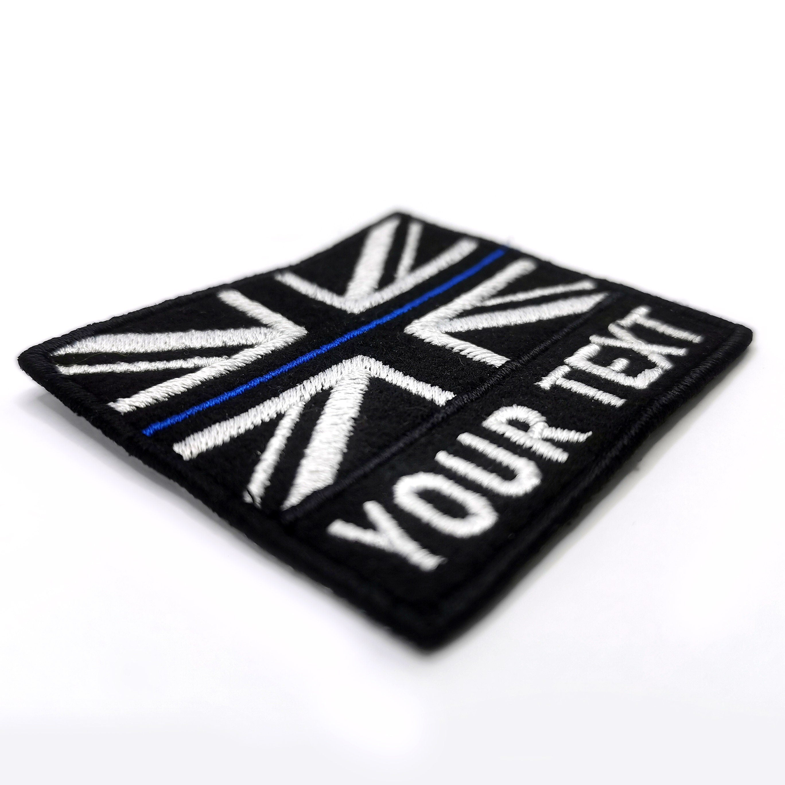 Custom British flag patch featuring personalized text, black and white embroidered Union Jack design.