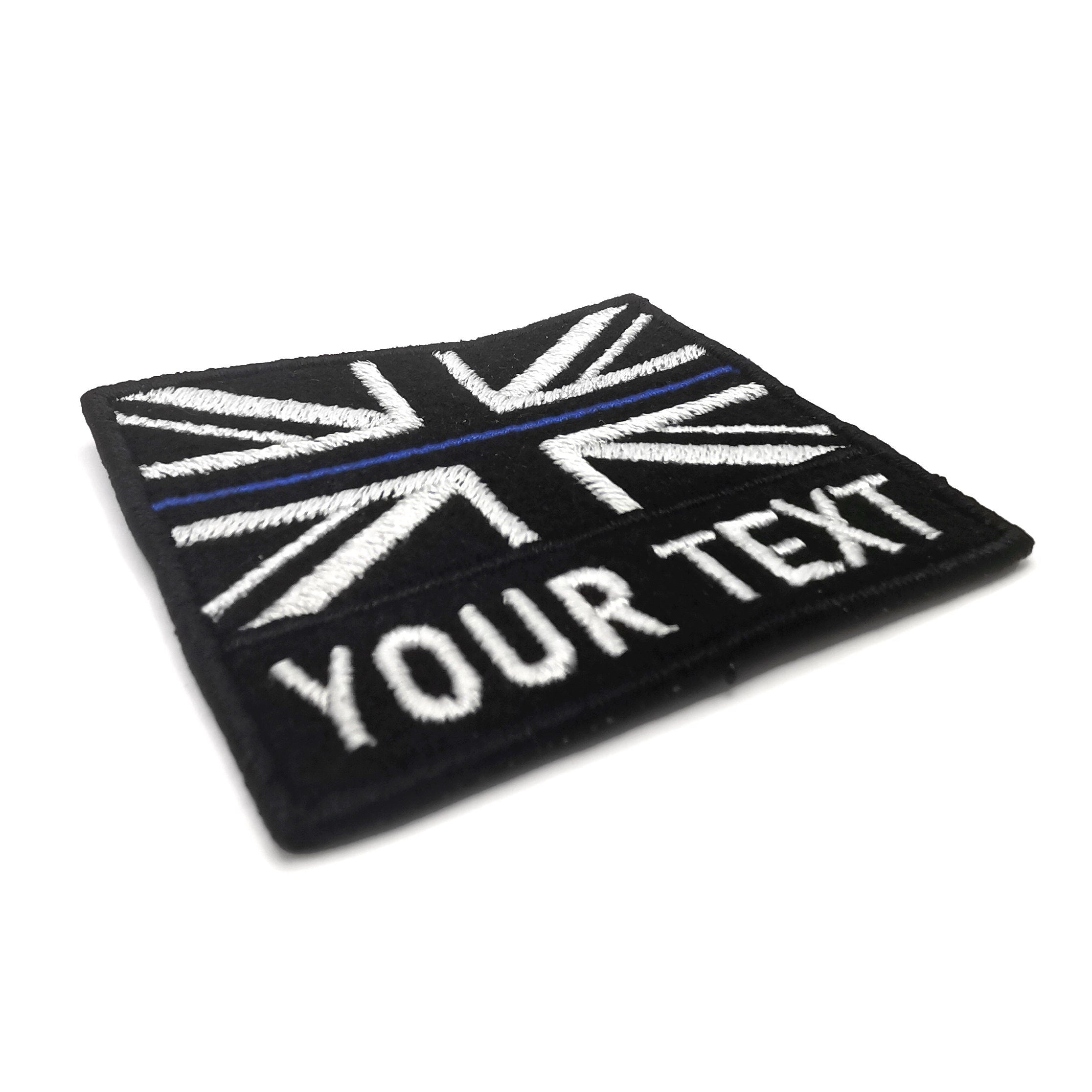 Custom British flag patch with personalized text, embroidered black and white Union Jack design.