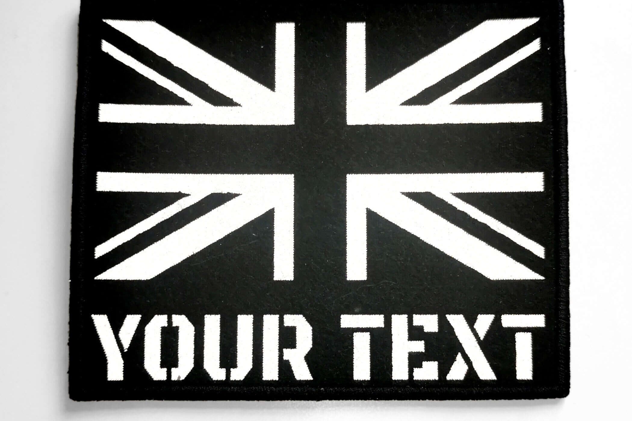 Custom UK reflective flag patch with personalized text option for tactical gear.