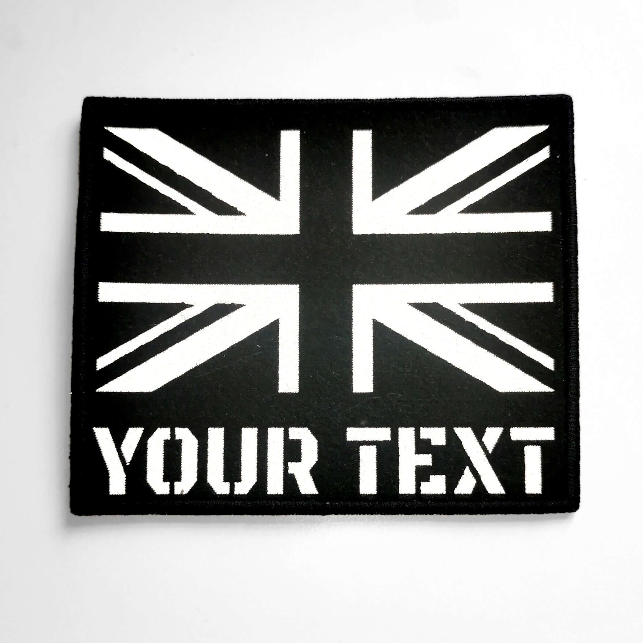 Custom UK reflective flag patch with personalized text option for tactical gear.
