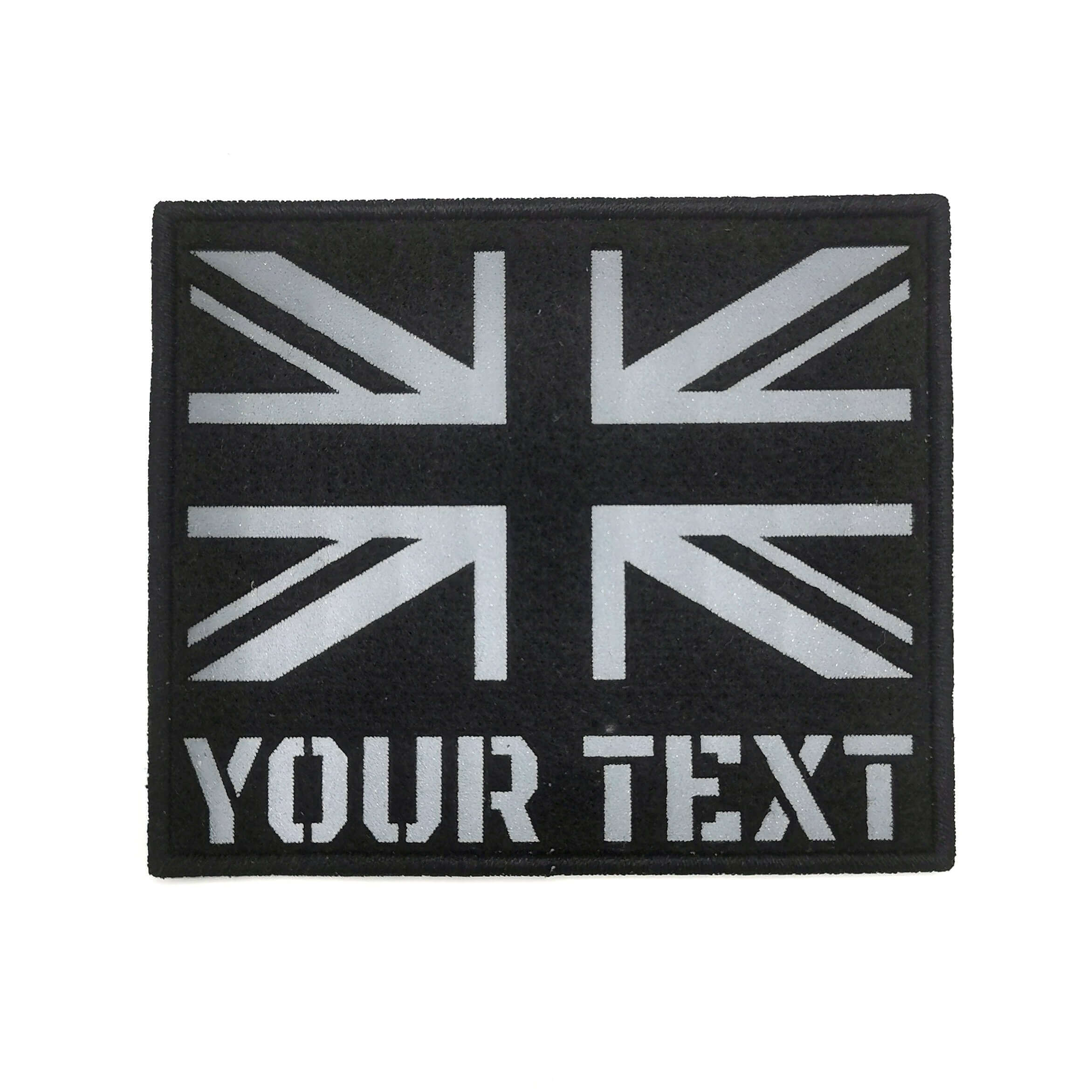 Customizable UK reflective flag patch with space for personalized text, military tactical accessory.