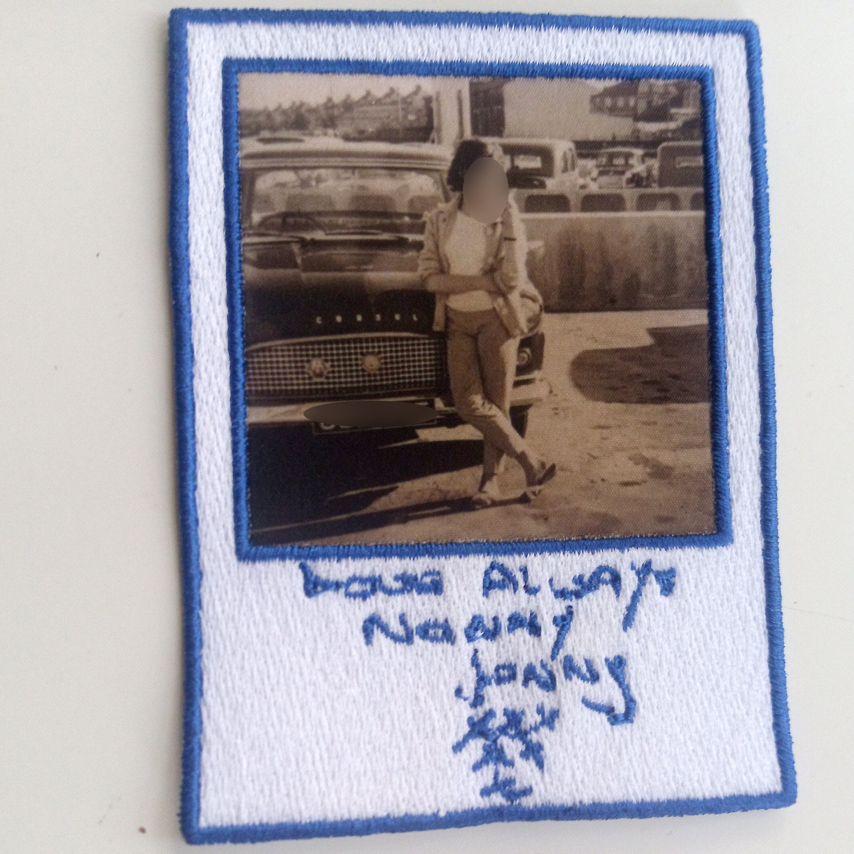 Handwritten embroidered patch with photo print and personal message, memorial keepsake for loved ones.