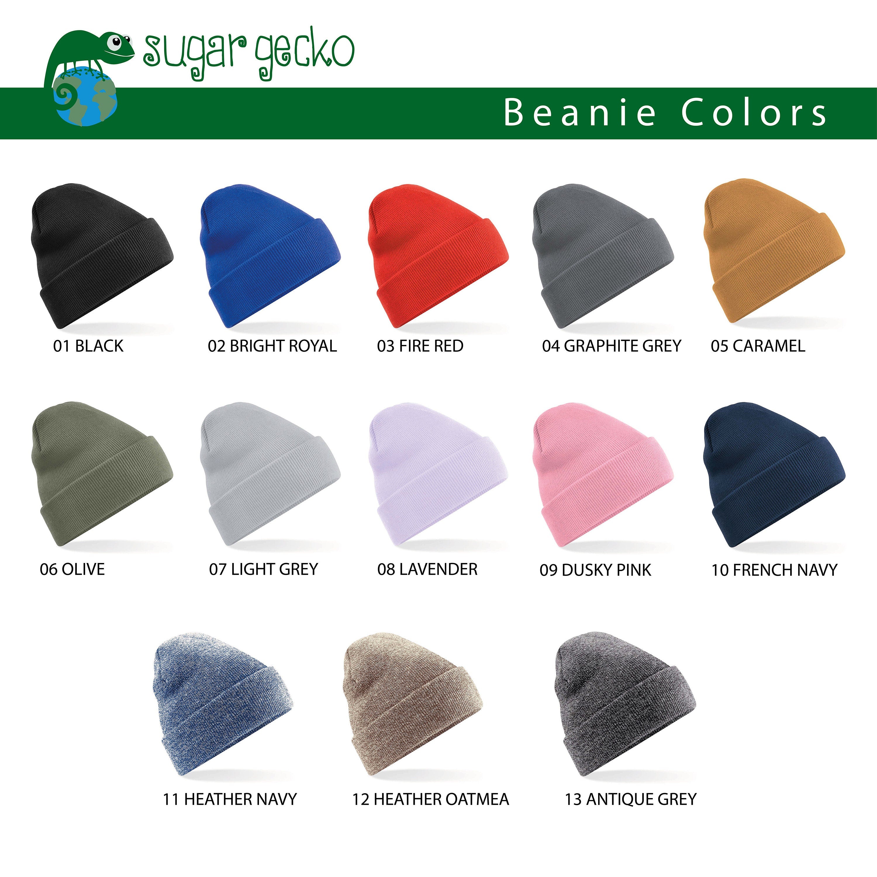 Color options for custom beanies including black, royal blue, fire red, grey, and more for personalized winter fashion.