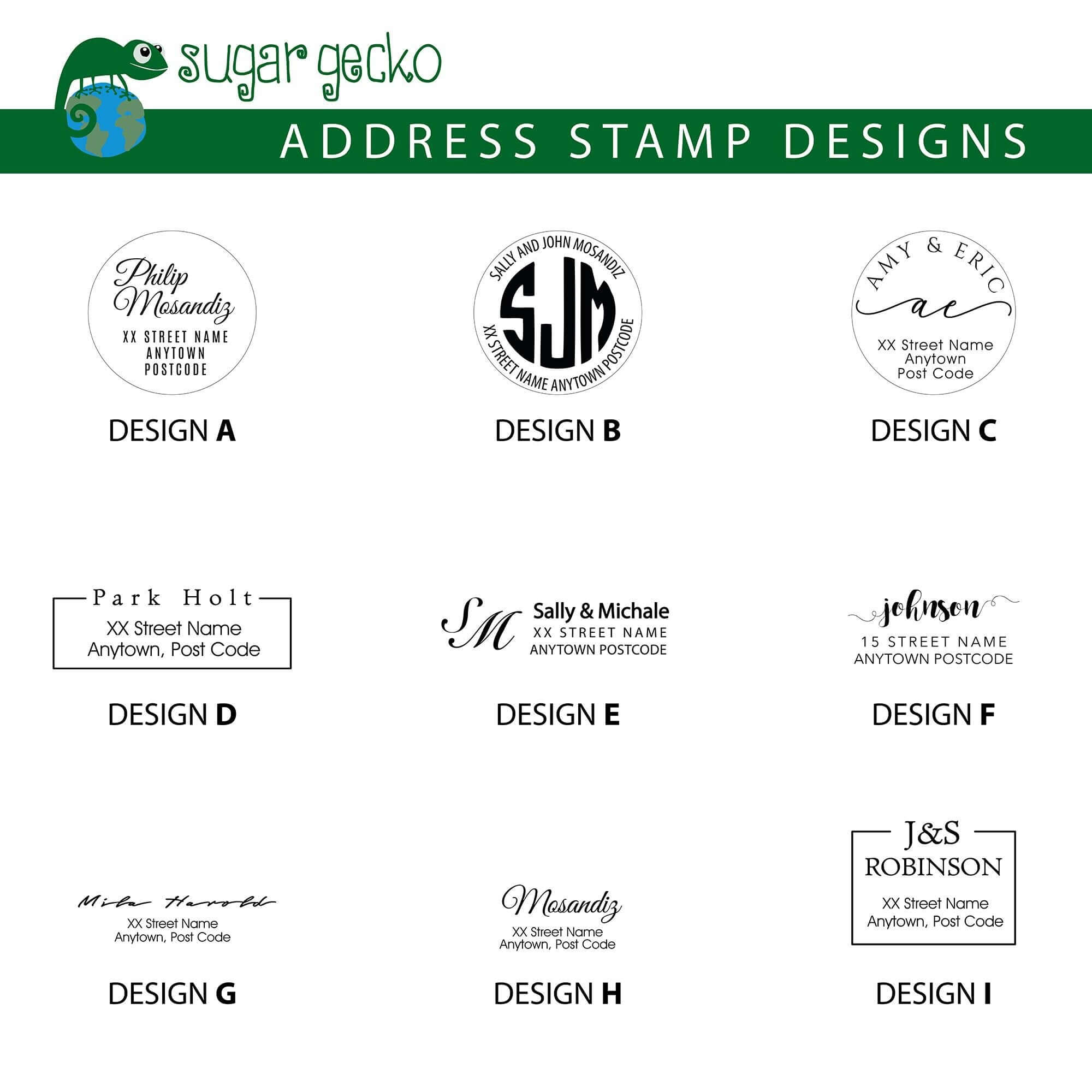 Variety of customizable address stamp designs showcasing different fonts and styles for personalized stamps.