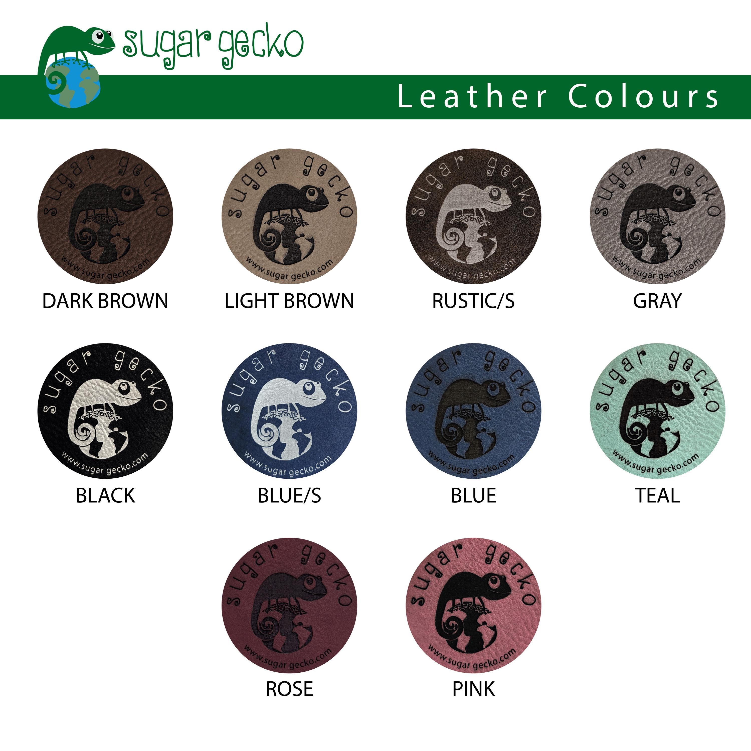 Leather color options for Sugar Gecko caps including dark brown, light brown, gray, black, blue, teal, rose, and pink.
