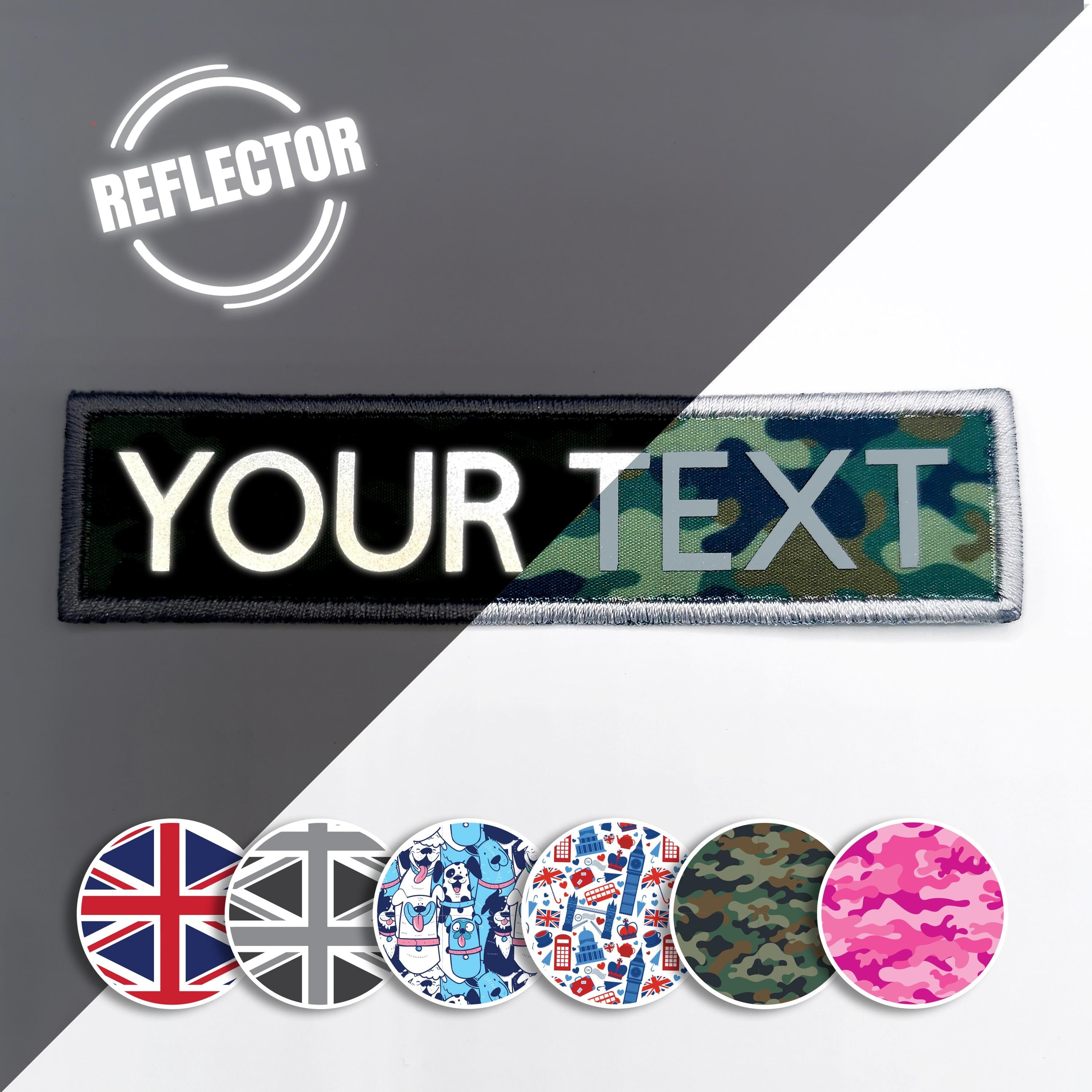 Custom reflective iron-on patch with embroidered border, displaying personalized text on camo background.