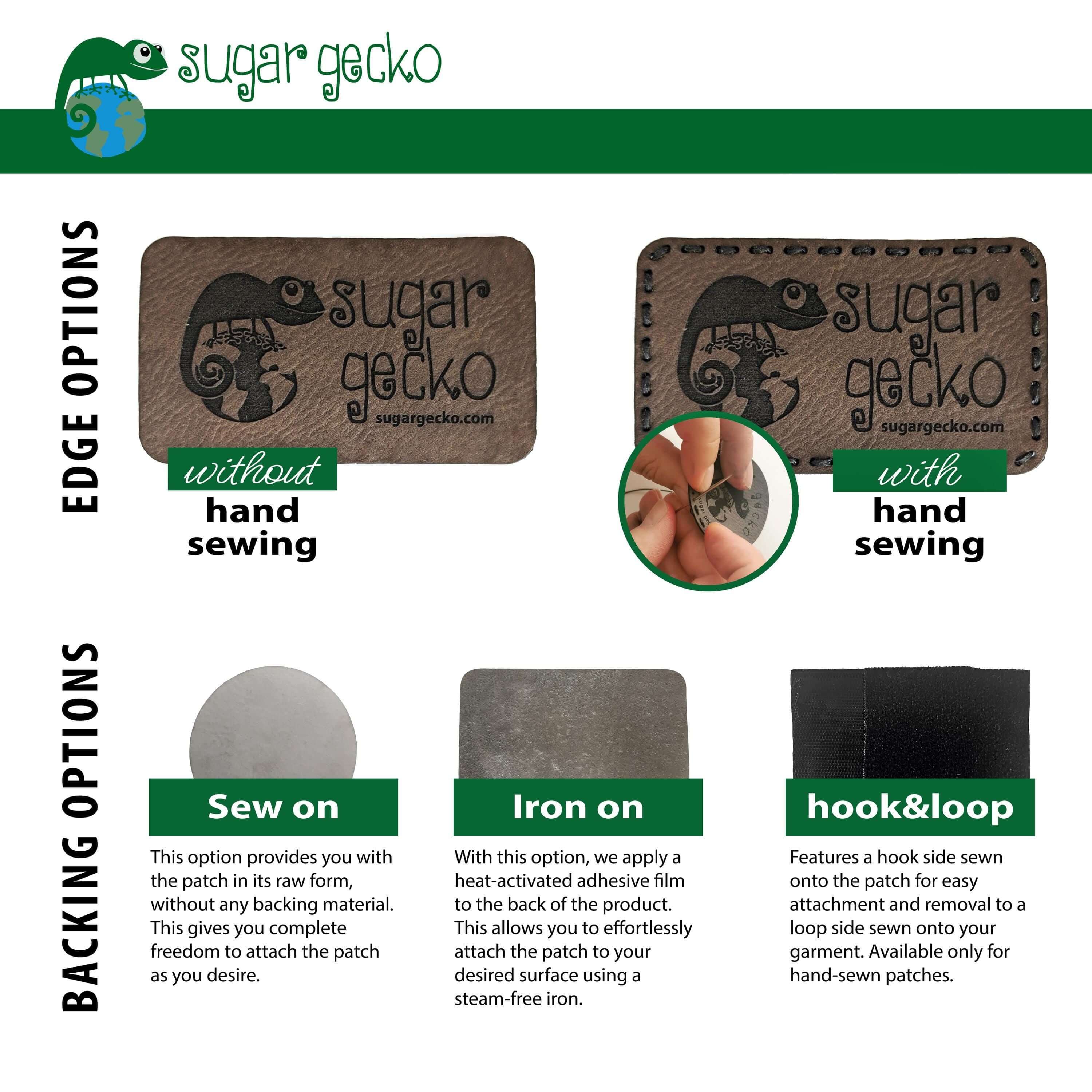 Custom engraved leather patches with edge and backing options for easy attachment and personalization.