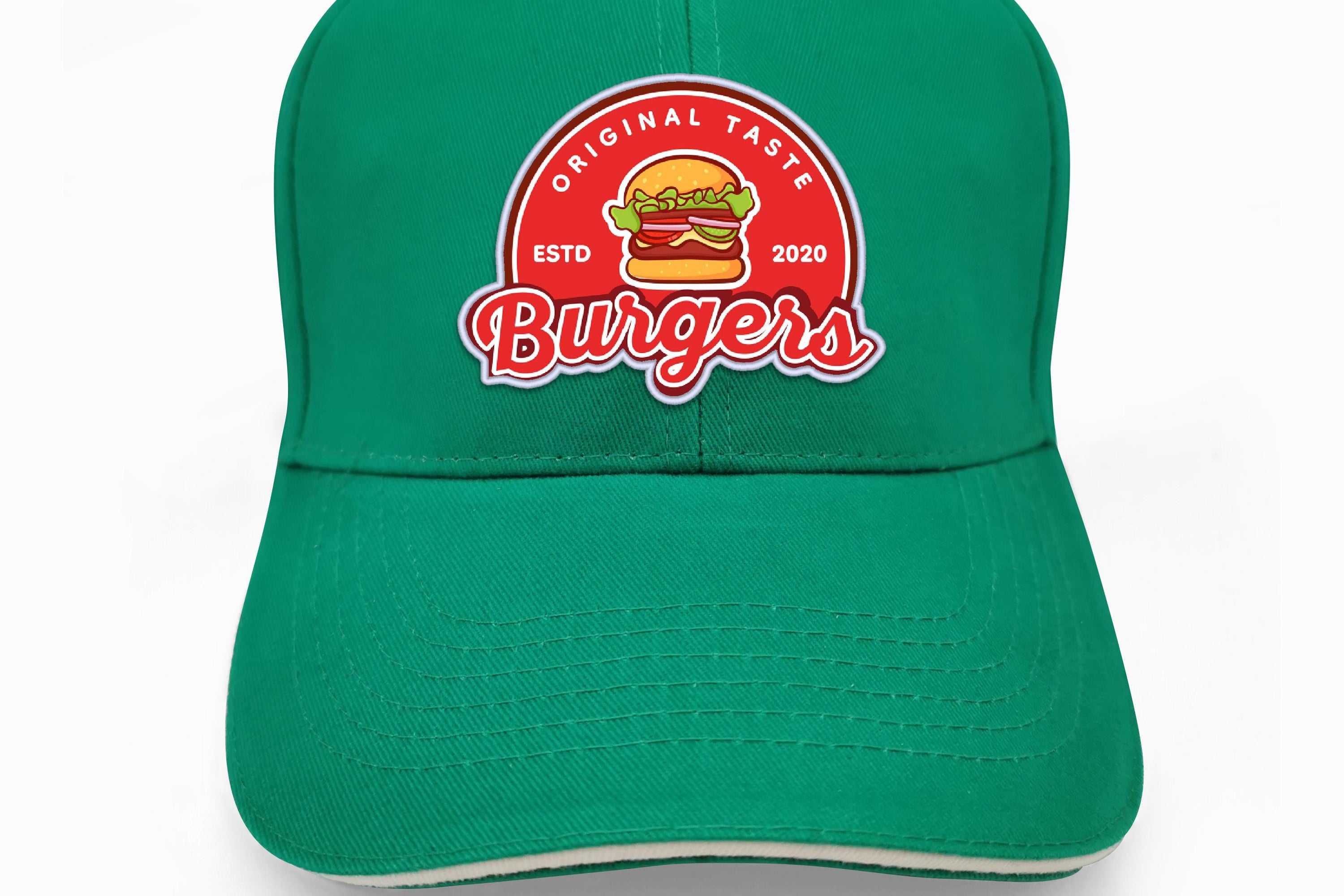 Green baseball cap with a custom Burgers logo patch, featuring original taste and estd 2020.