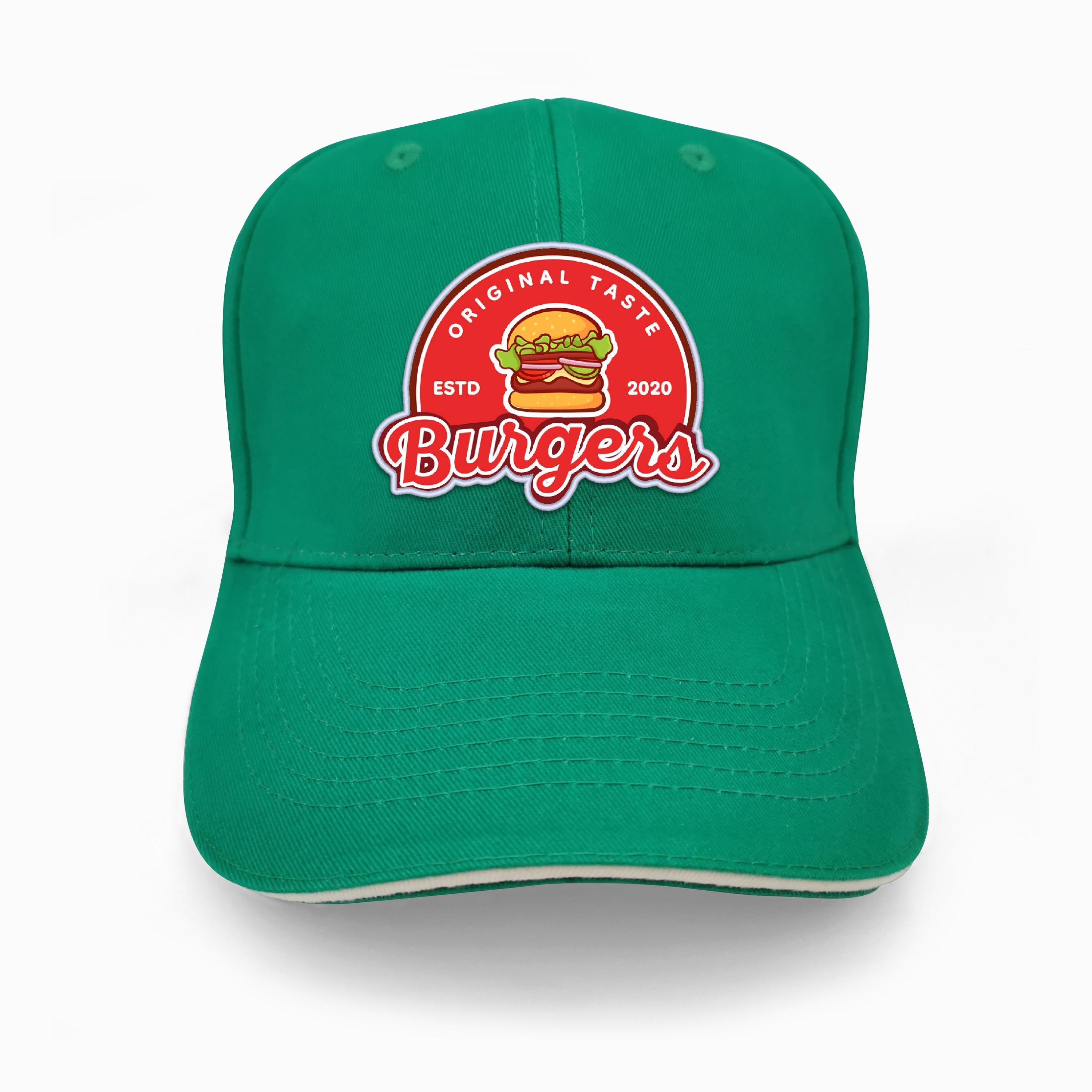 Green baseball cap with a custom Burgers logo patch, featuring original taste and estd 2020.
