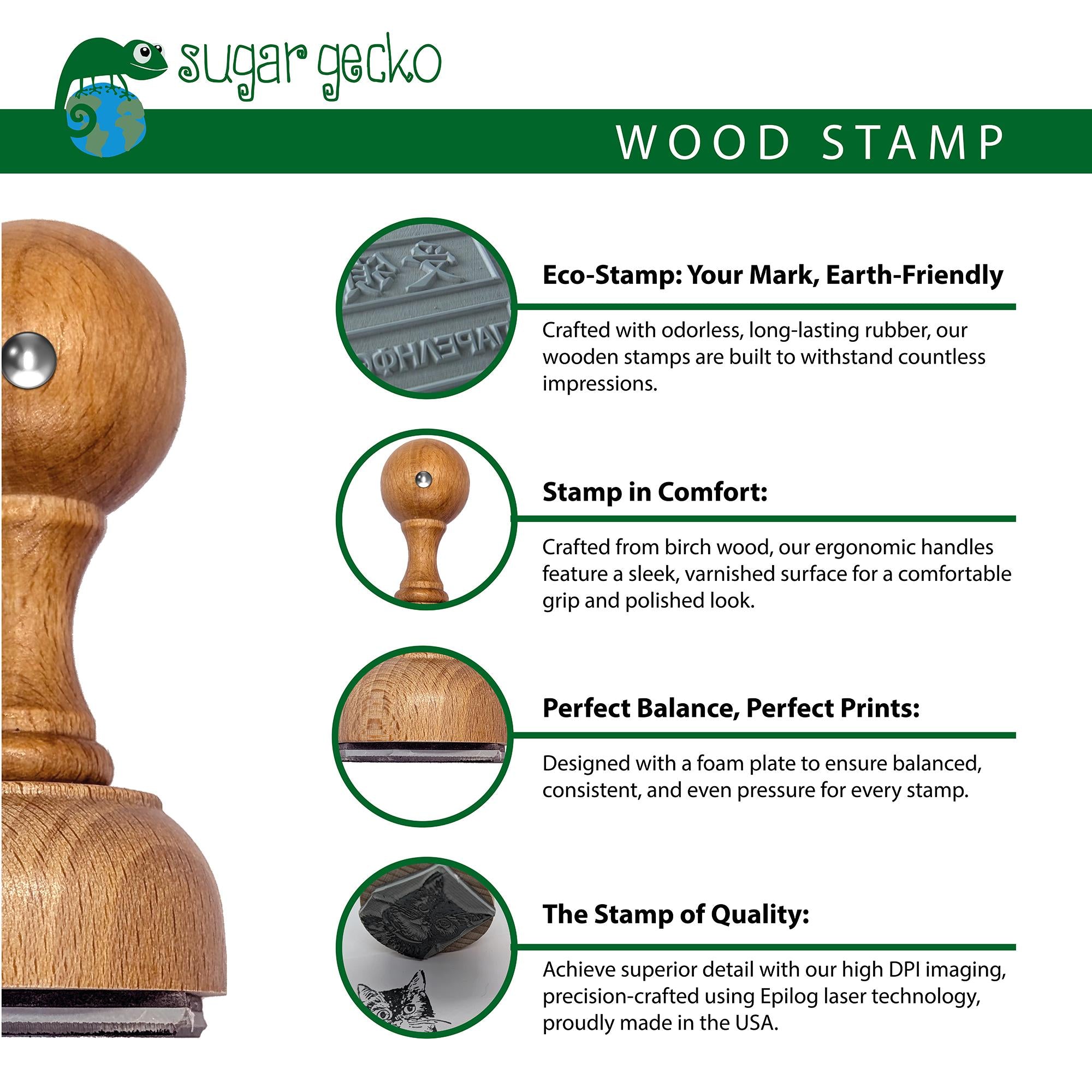 Eco-friendly wood stamp with ergonomic handle, designed for comfort and quality prints, perfect for home and office use.