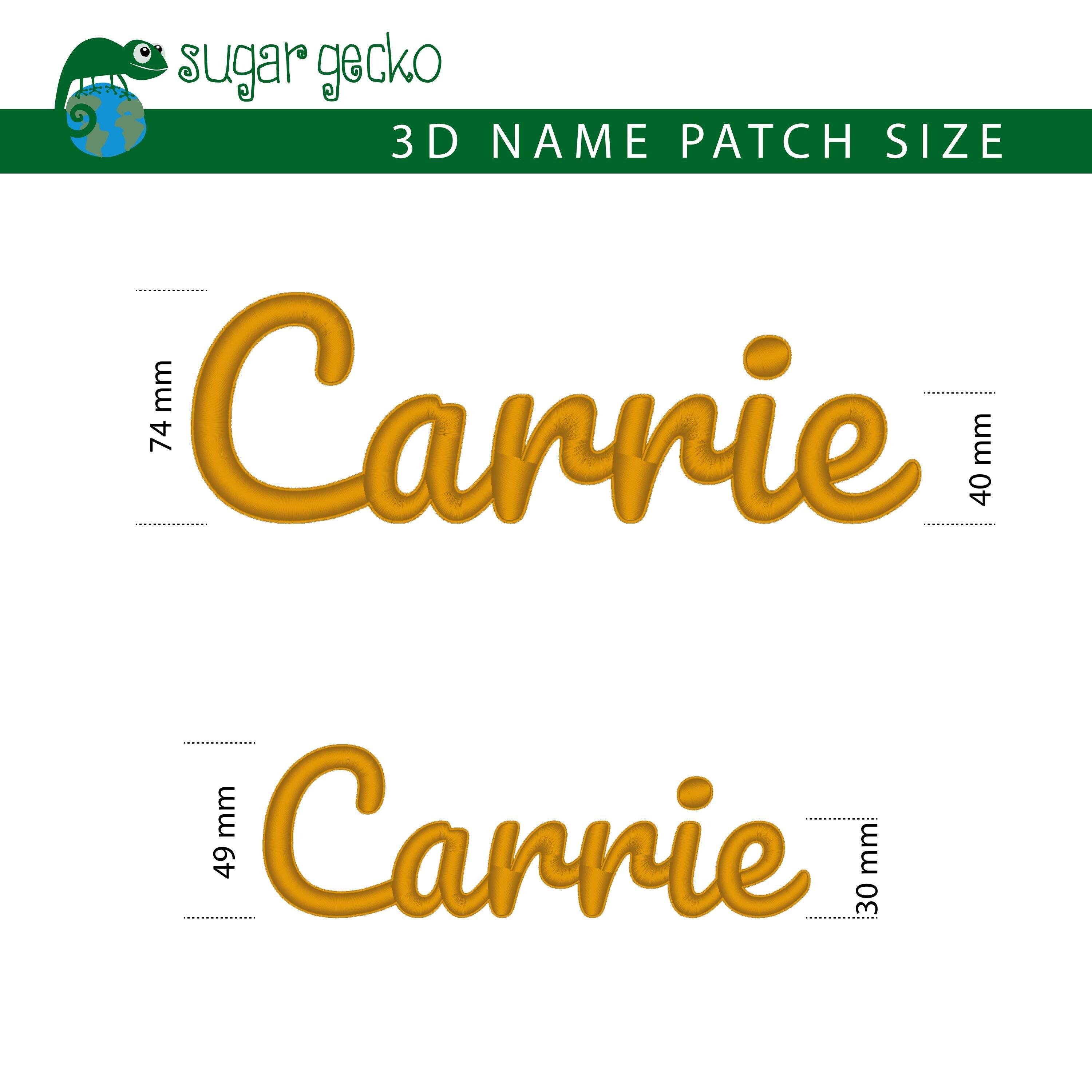 3D embroidered name patch design showcasing the name 'Carrie', with size dimensions indicated.