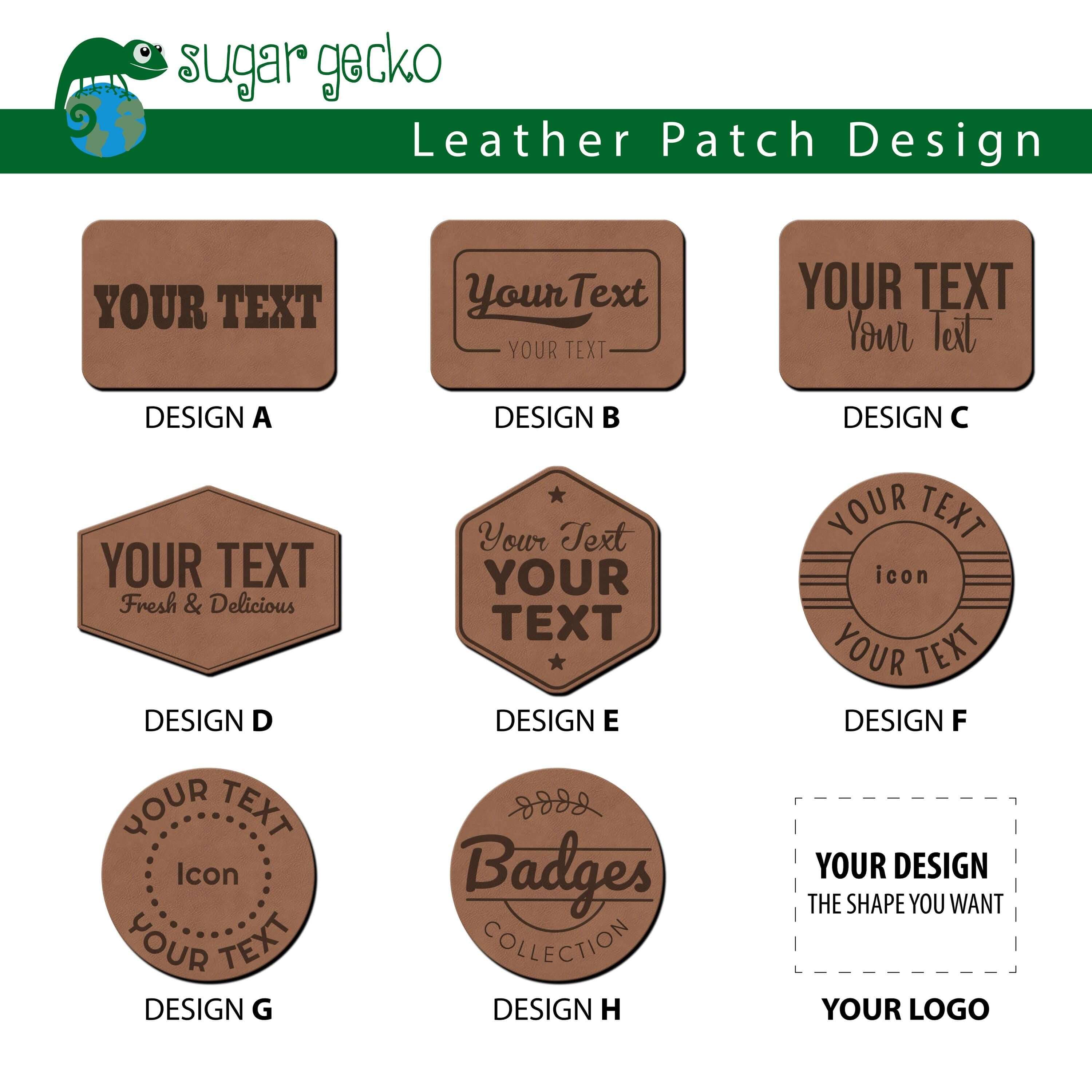 Custom leather patch design options showcasing different styles and layouts for personalized text and logos.