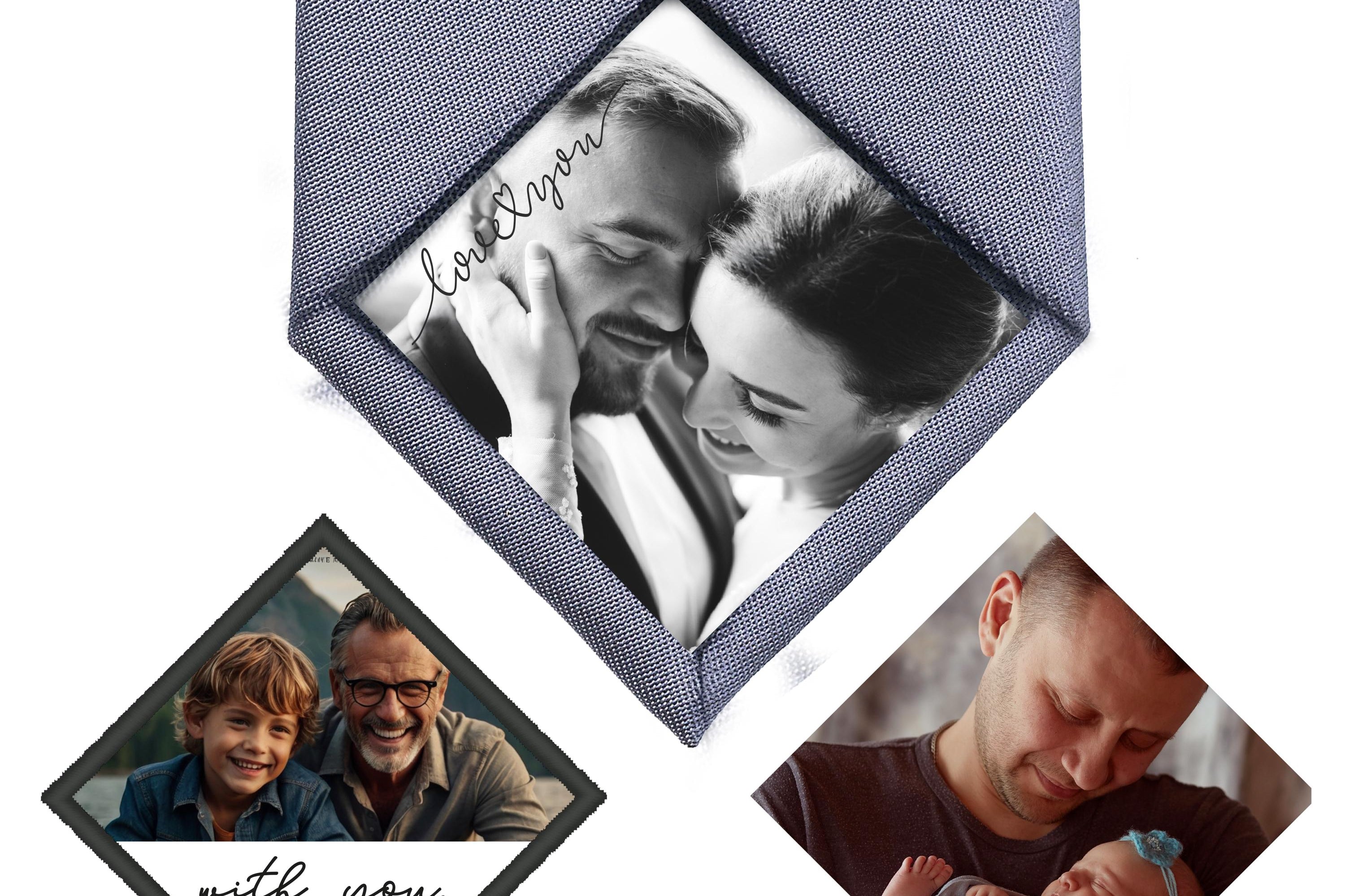 Custom embroidered photo tie patch featuring family images for Father's Day, weddings, and personalized keepsakes.