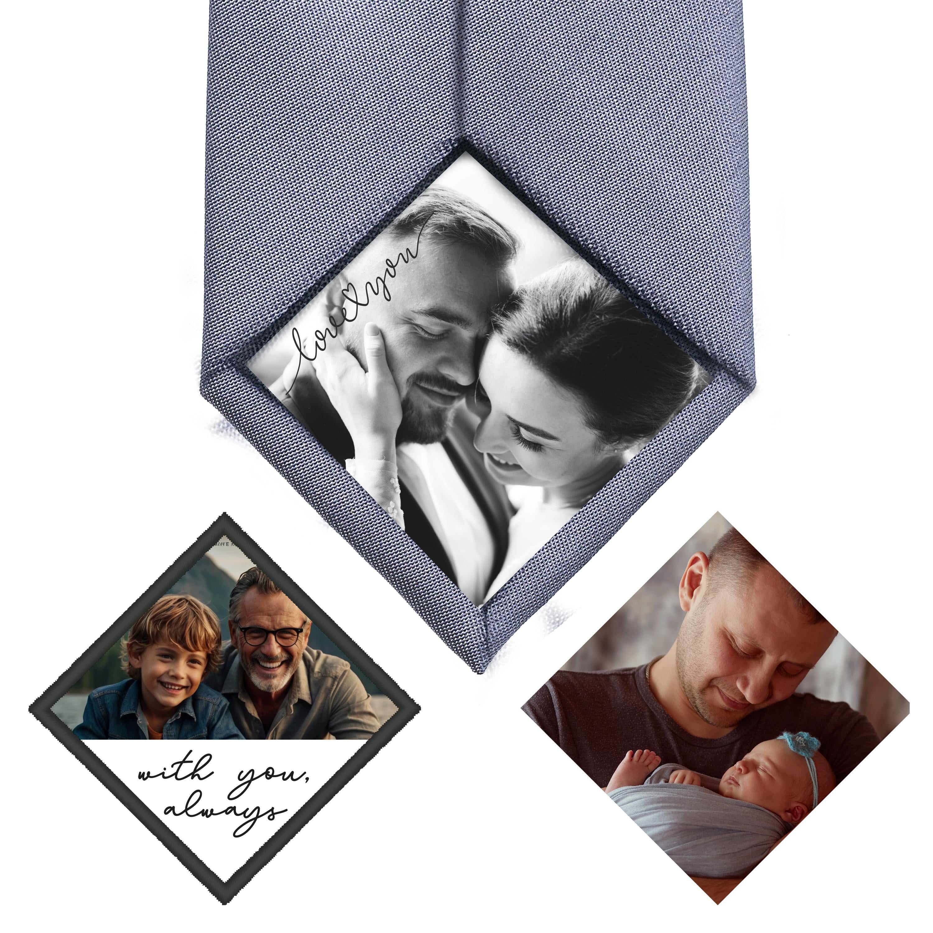 Custom embroidered photo tie patch featuring family images for Father's Day, weddings, and personalized keepsakes.