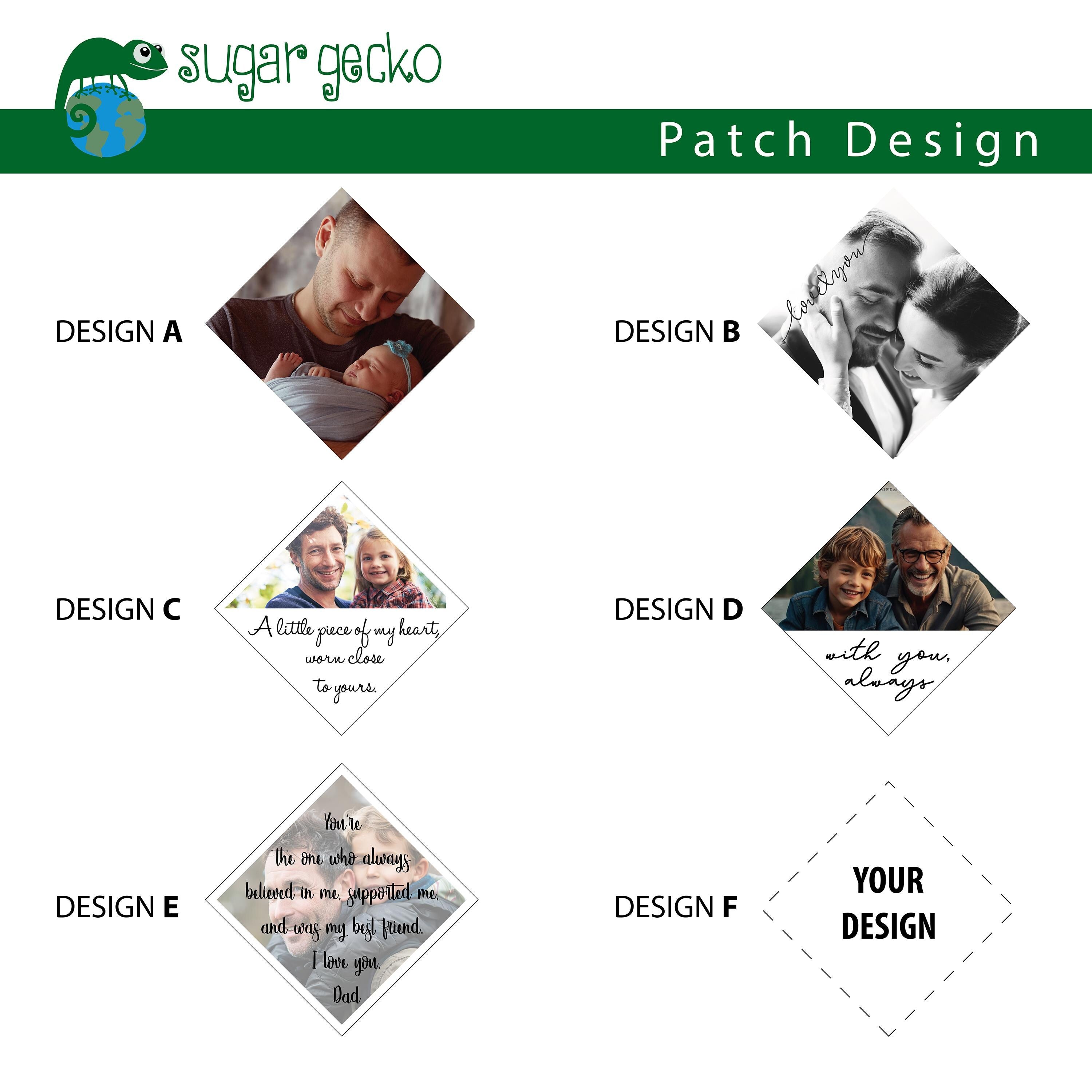 Custom photo tie patch design options including heartfelt messages and images for personalization.
