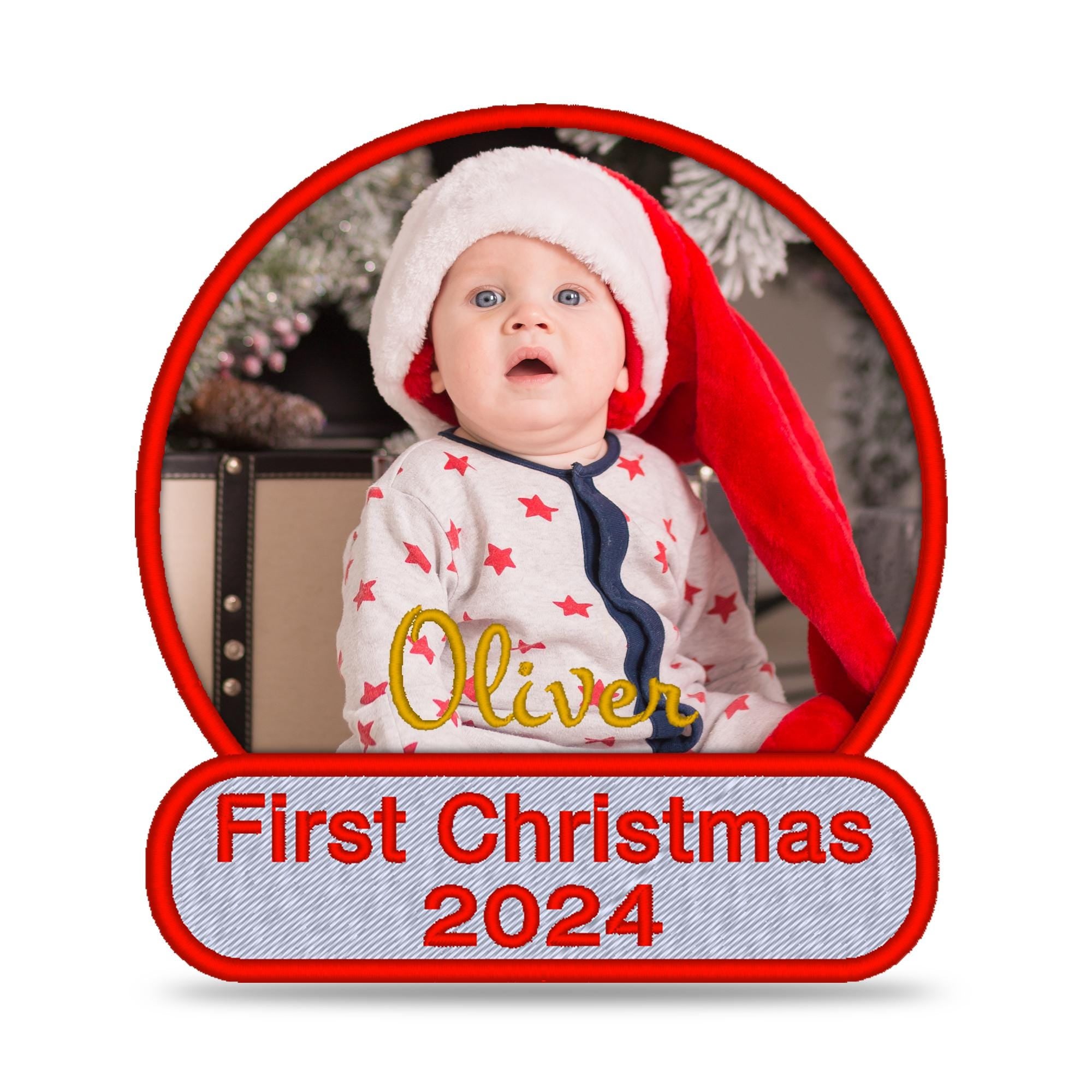 Custom photo embroidered patch featuring a baby's First Christmas with personalized name and year.