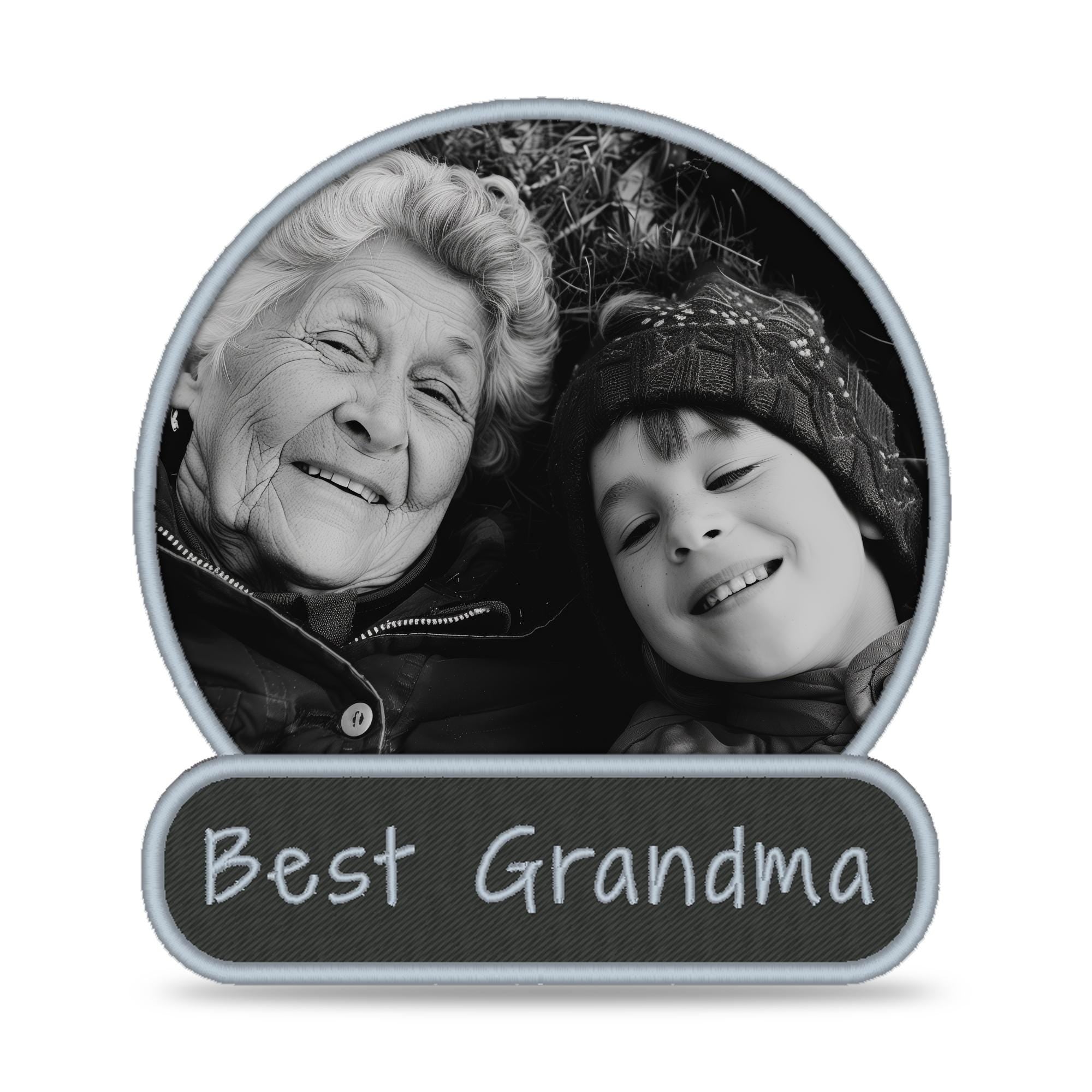 Custom embroidered patch featuring photo of grandmother and grandson with text 'Best Grandma'