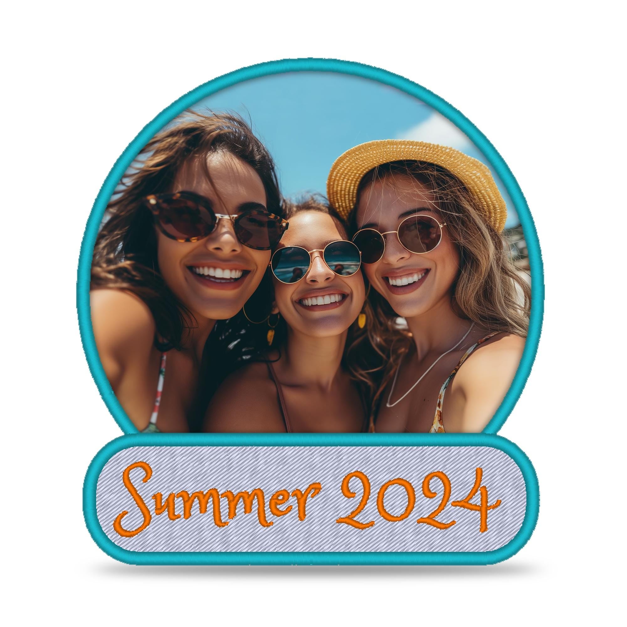 Custom photo embroidered patch featuring three friends enjoying summer 2024 together, perfect for memorializing special moments.