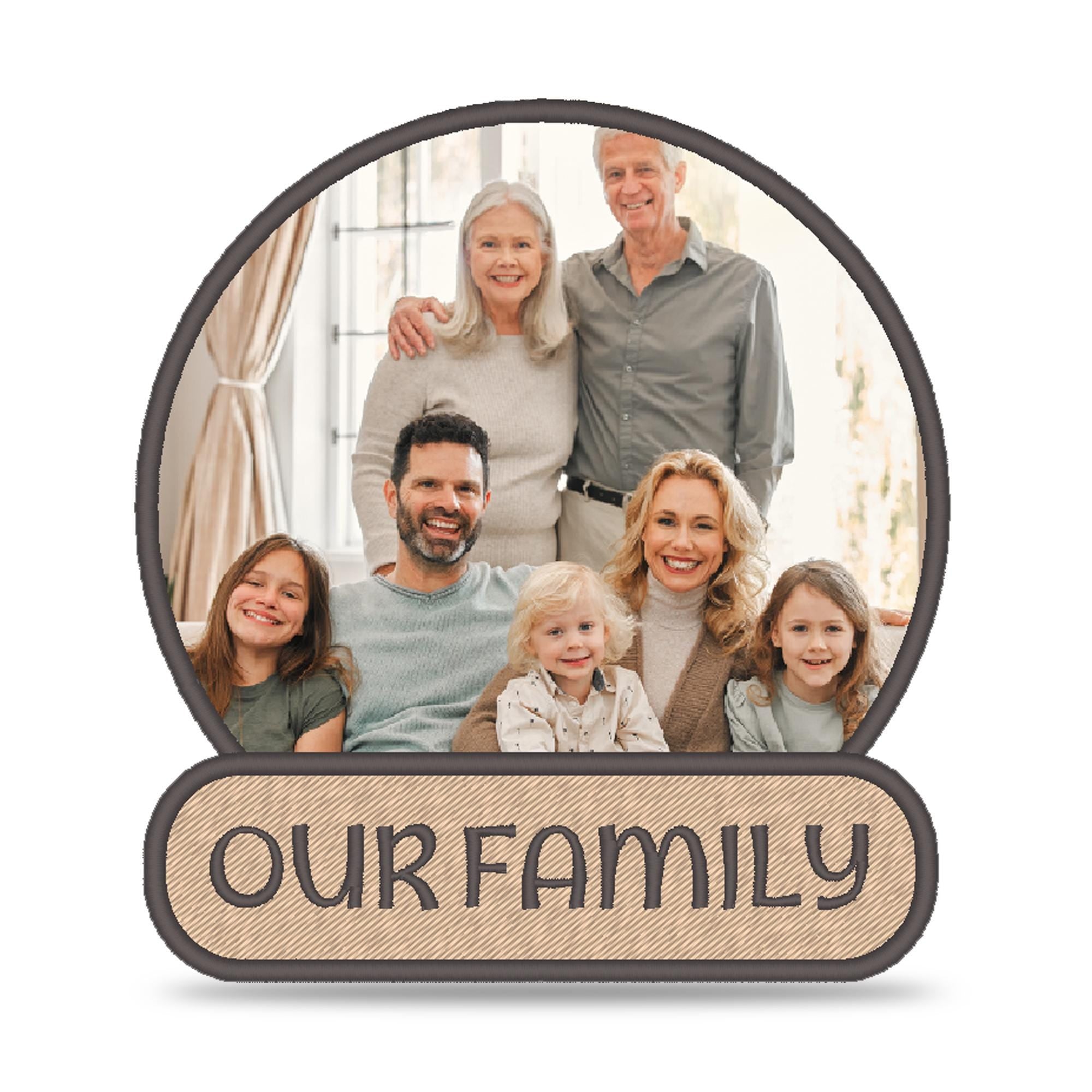 Custom photo embroidered patch featuring happy family, personalized memorial badge with text 'Our Family'.