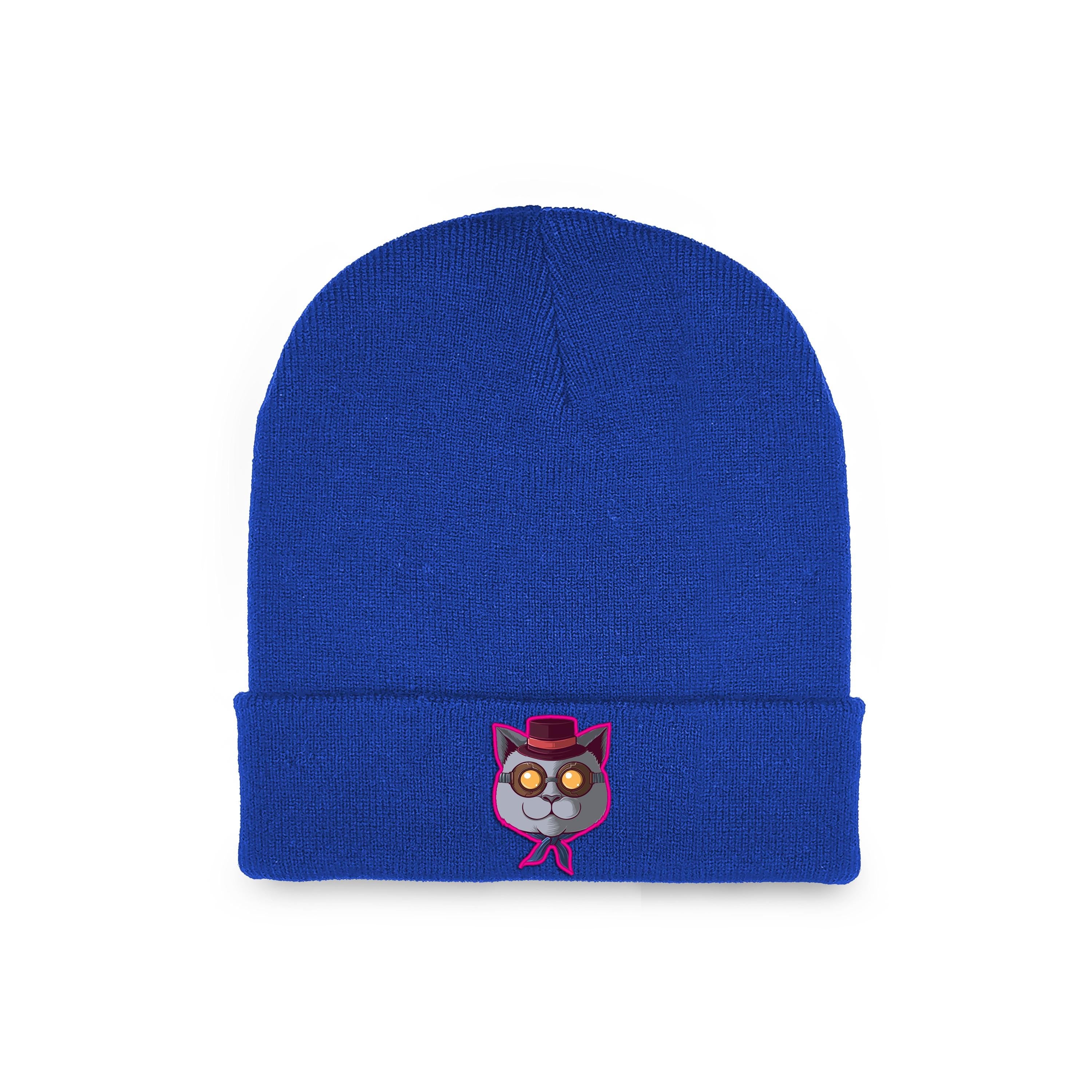 Bright blue beanie with a custom cat patch, perfect for adding a fun touch to winter outfits.