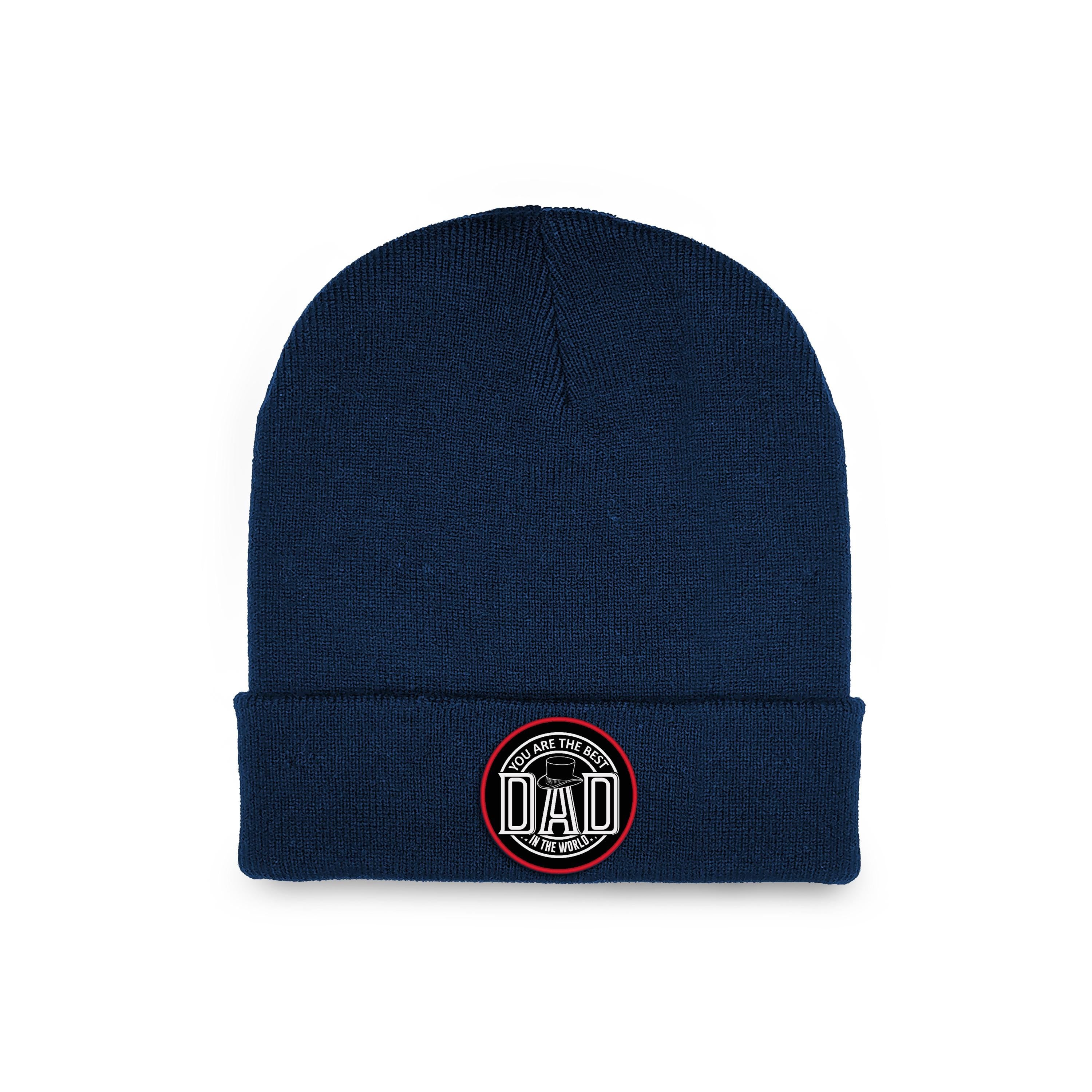 Personalised navy beanie hat with 'DAD' logo patch for winter wear and unique gift options.