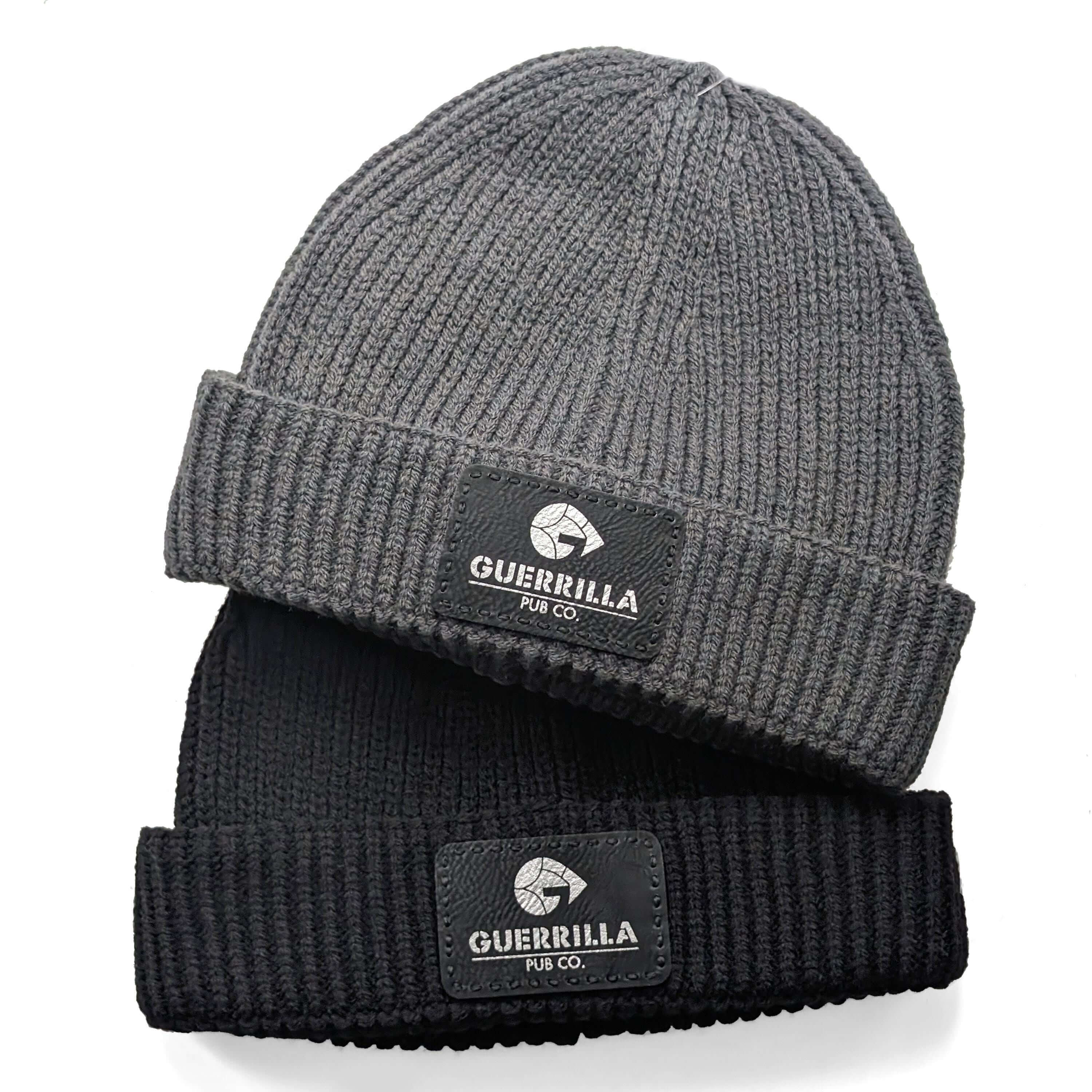 Custom beanies in gray and black with leather patches, perfect for winter fashion and personalized style.
