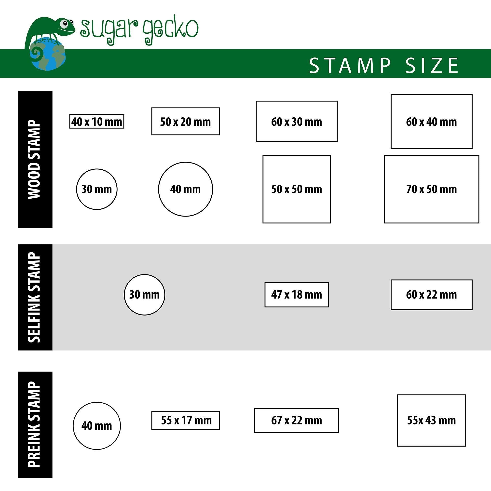 Size guide for wood, self-ink, and preink wedding stamps with dimensions listed in mm.